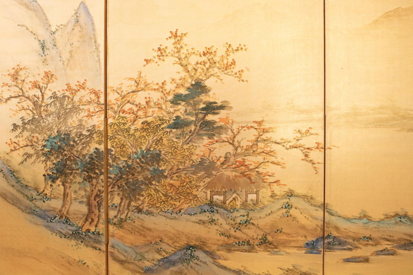 1970s ShÅwa Era Japanese Byobu Screen, "At the Bank" - 5