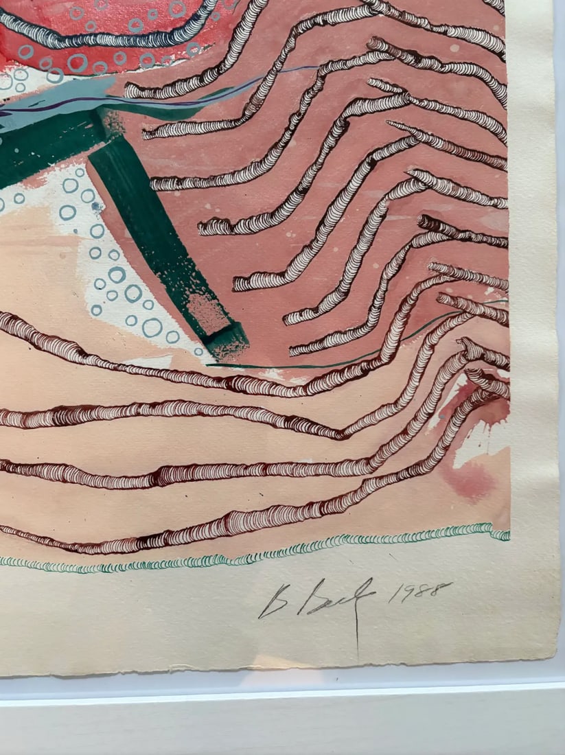 Barbara Beck Framed 1988 Abstract Painting on Paper - Signed/Dated/Framed in White Wood - 4