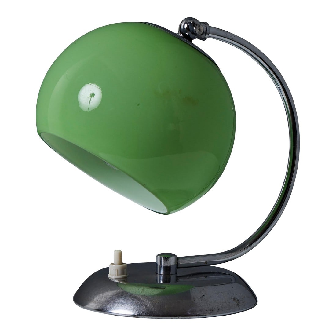 1950s Mauri Almari Chrome and Opaline Green Glass Table Lamp for Idman Oy: 1950s Mauri Almari Chrome and Opaline Green Glass Table Lamp for Idman Oy A rare and elegant lamp executed in chromed metal and blown green opaline glass. A contemporary of Paavo Tynell, Almari's ultr