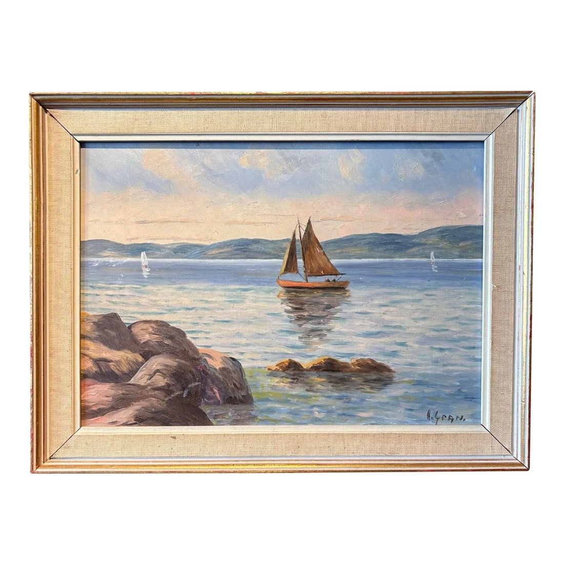 Vintage Seascape Oil Painting on Board in Original Frame: Lovely mid-century seascape oil painting on board. Signed/framed in original metallic frame. This painting feels as if the sun itself is shining on it. The warmth is palpable. A tranquil and serene