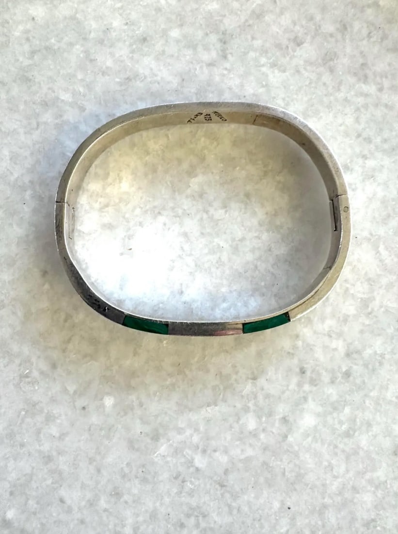 Vintage Sterling Silver Taxco Hinge Bracelet With Malachite Inlay - Stamped 925/Mexico - 3