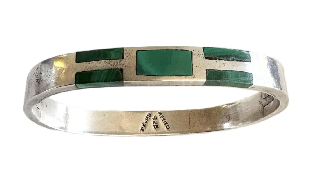 Vintage Sterling Silver Taxco Hinge Bracelet With Malachite Inlay - Stamped 925/Mexico - 5