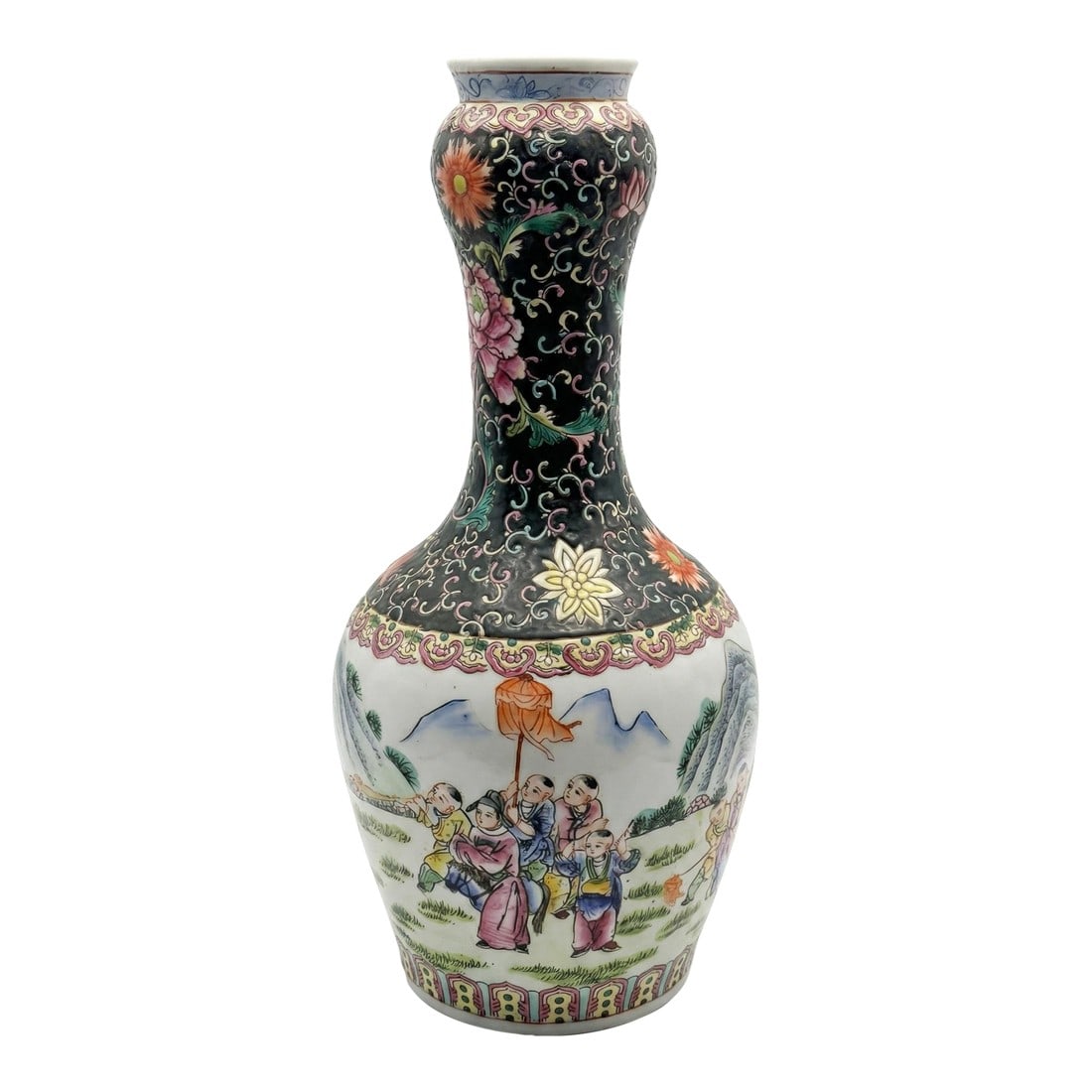 Vintage 14" Famille Noire & Rose "Boys at Play" Vase by Turtle and Crane - Chinoiserie Chic: This bespoke Turtle and Crane find is a vibrant vintage porcelain vase that perfectly balances the drama of Famille Noire with the playful elegance of Famille Rose. Standing at a substantial 14