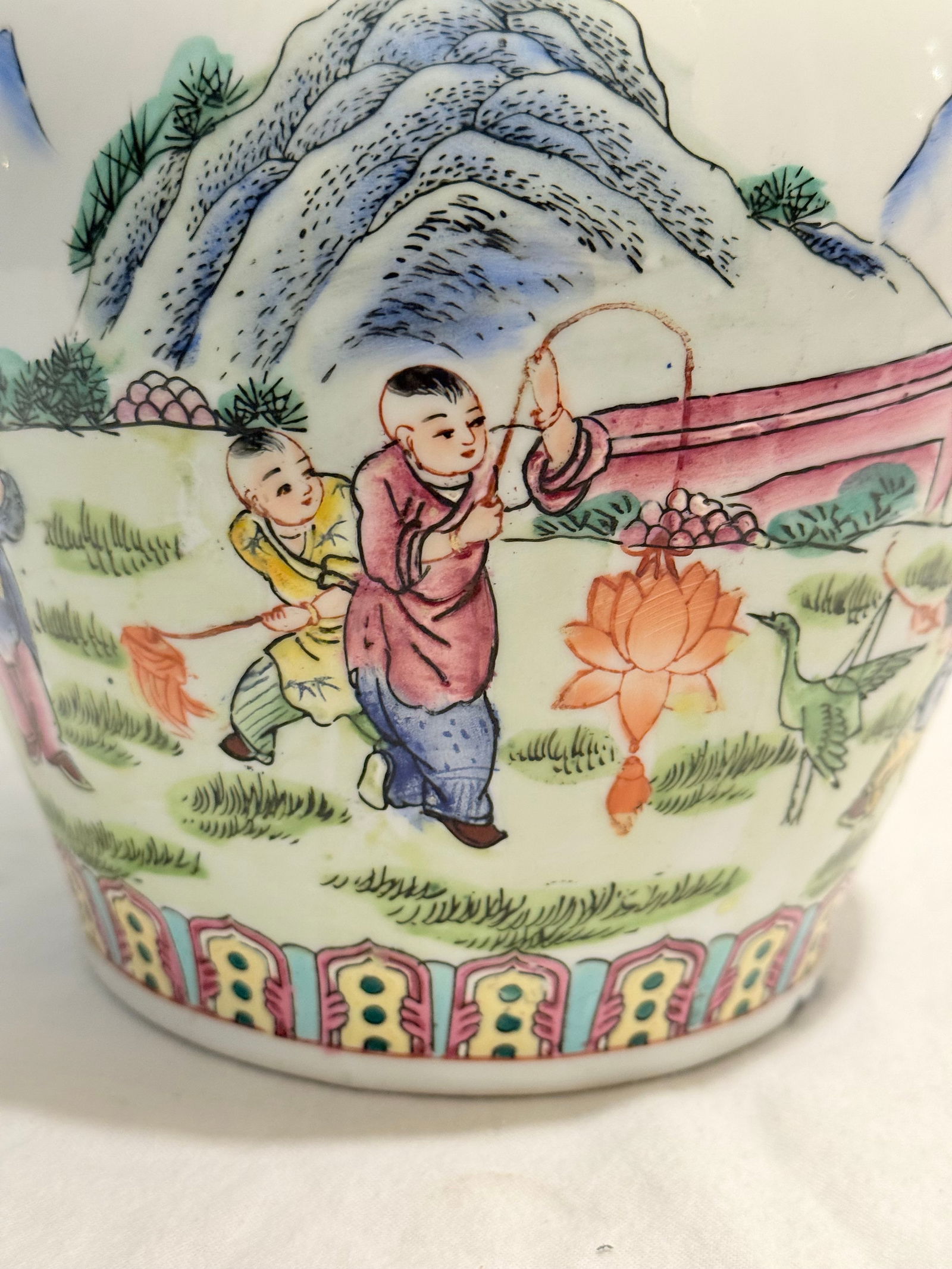 Vintage 14" Famille Noire & Rose "Boys at Play" Vase by Turtle and Crane - Chinoiserie Chic - 2