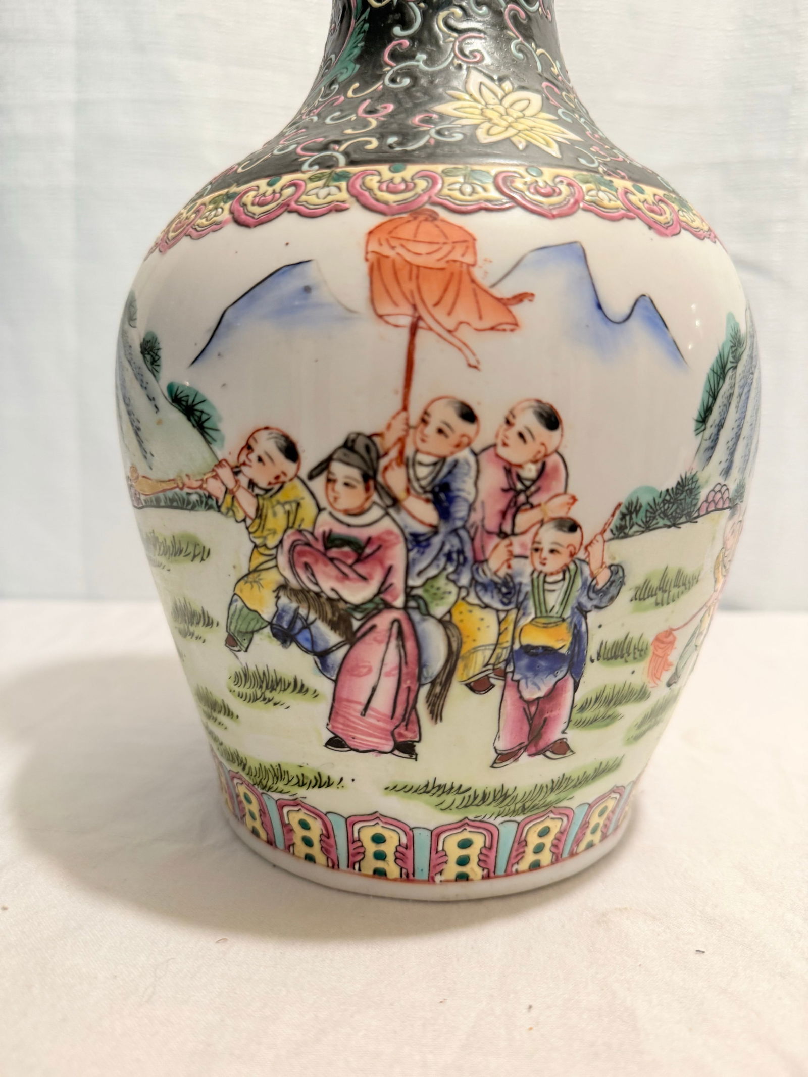 Vintage 14" Famille Noire & Rose "Boys at Play" Vase by Turtle and Crane - Chinoiserie Chic - 3