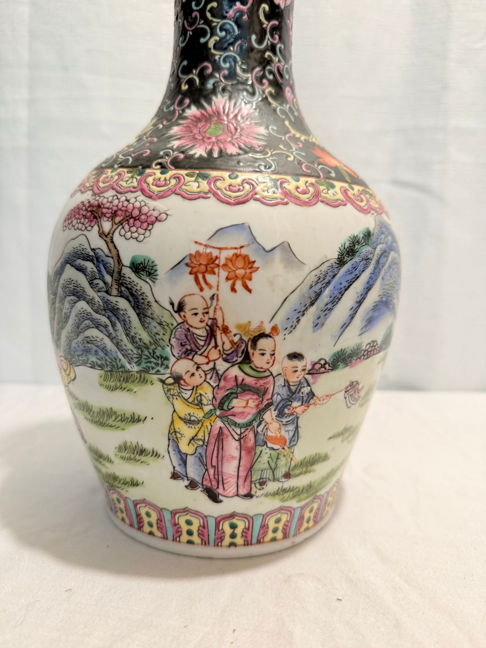 Vintage 14" Famille Noire & Rose "Boys at Play" Vase by Turtle and Crane - Chinoiserie Chic - 4