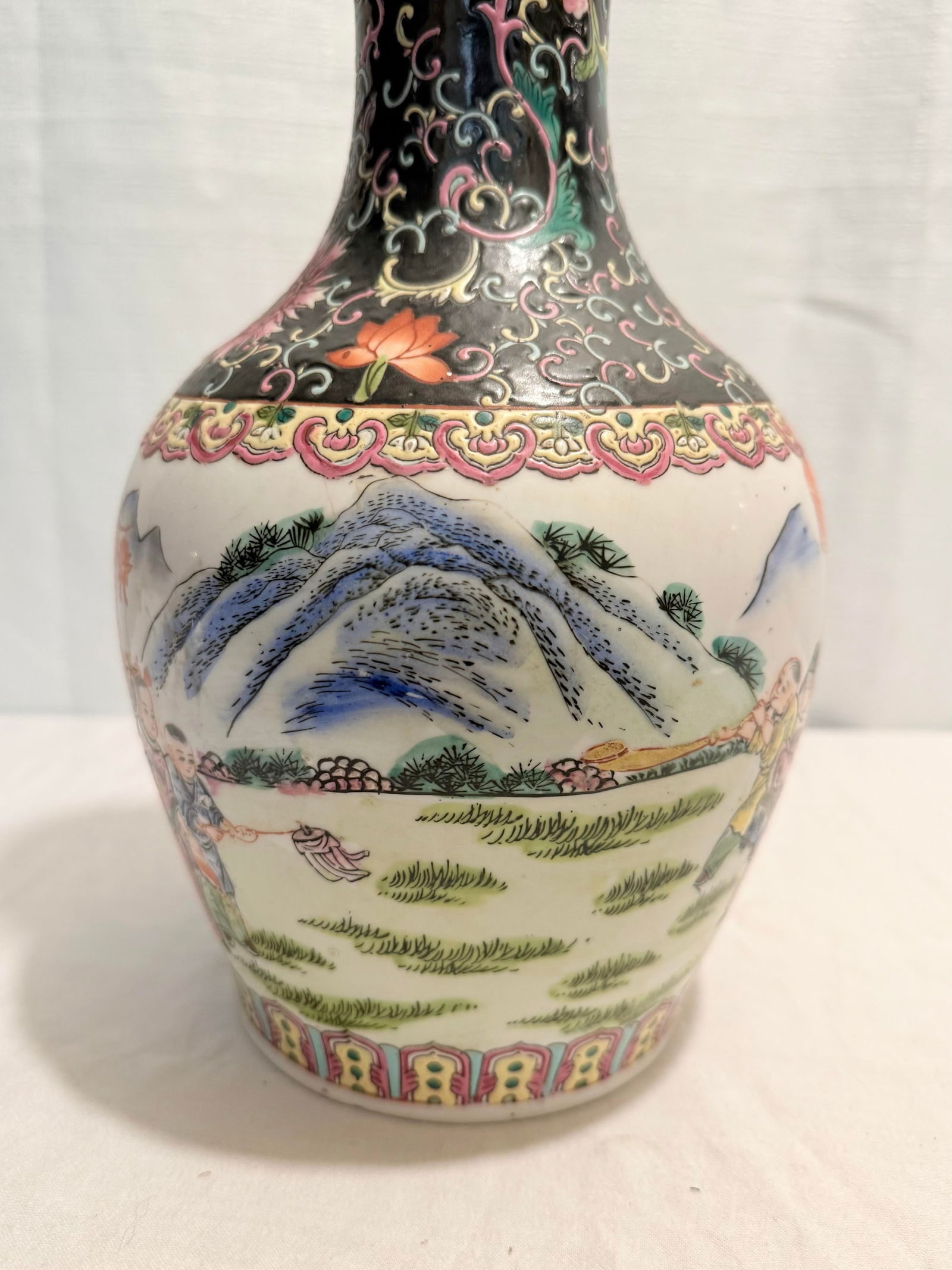 Vintage 14" Famille Noire & Rose "Boys at Play" Vase by Turtle and Crane - Chinoiserie Chic - 5