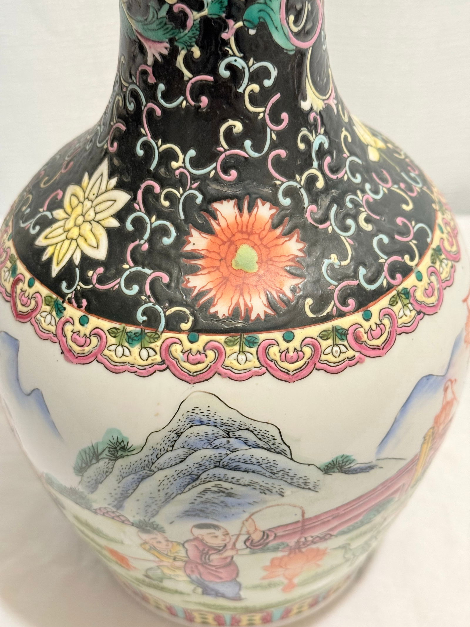 Vintage 14" Famille Noire & Rose "Boys at Play" Vase by Turtle and Crane - Chinoiserie Chic - 7