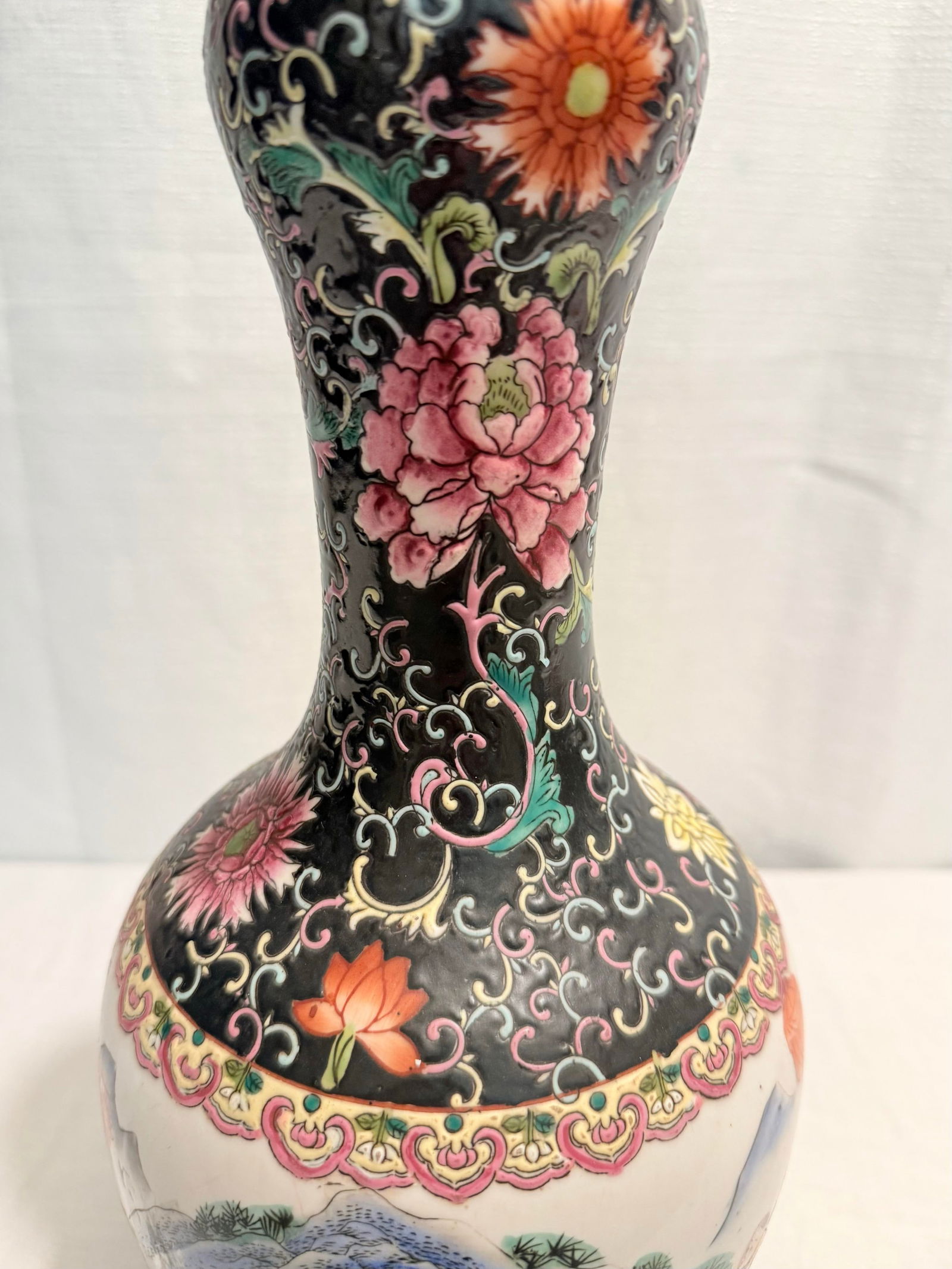 Vintage 14" Famille Noire & Rose "Boys at Play" Vase by Turtle and Crane - Chinoiserie Chic - 8