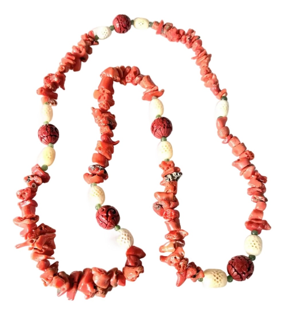 Vintage Chinese Coral and Cinnabar 36" Beaded Necklace (1 of 8)