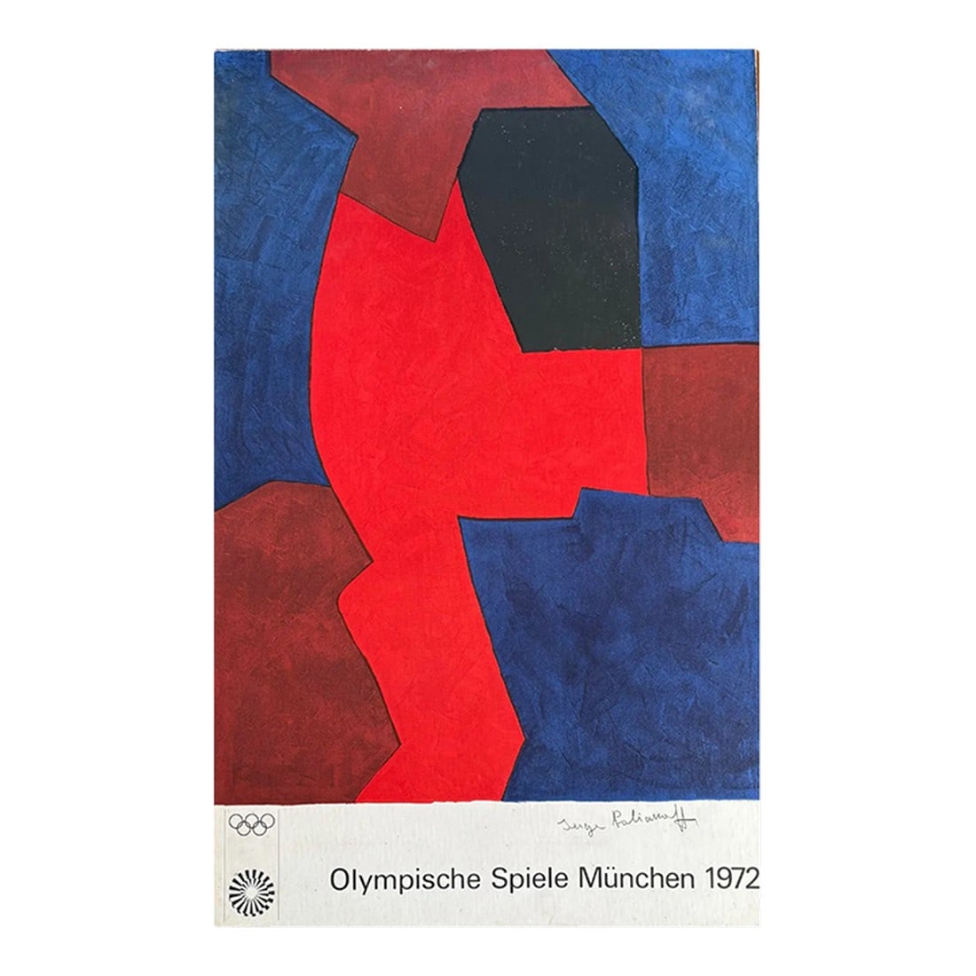 Vintage Original 1972 Munich Olympics Sport Poster Signed by Artist Serge Poliakoff - Abstract: Original Vintage Sport Poster Munich Olympics 1972 Serge Poliakoff Abstract. Signed Mounted on matte board. Artist: Serge Poliakoff, a Russian-born French abstract painter known for his use of bold co