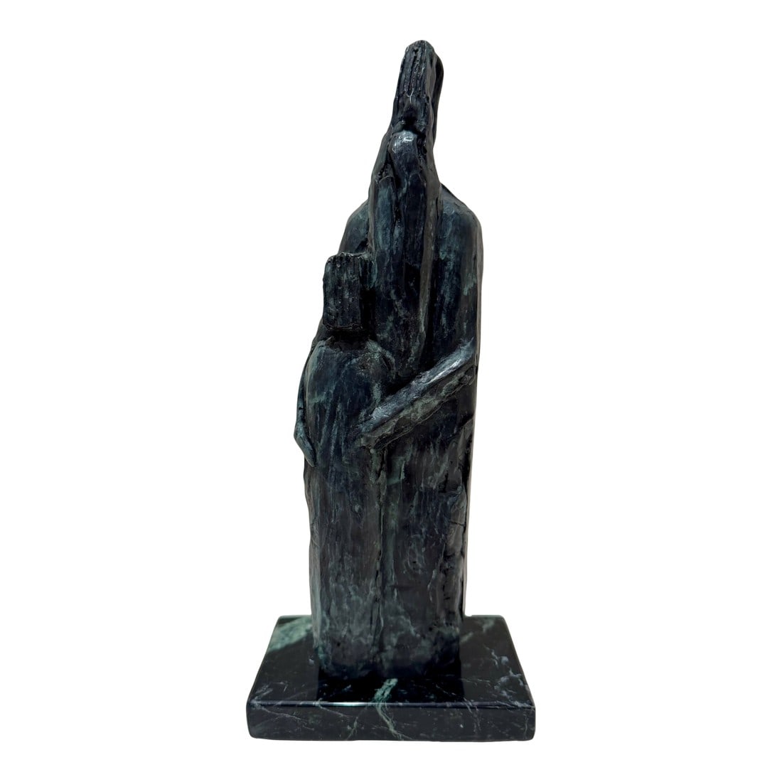 Mid 20th Century Larry Mohr Bronze Abstract Figurative Sculpture on Marble Base | Signed Estate Piec: Sculptural bronze figure by Larry Mohr, acquired directly from the artist's estate. The work presents a vertical, abstracted figurative form with strong modernist lines and a dark, subtly variegated p