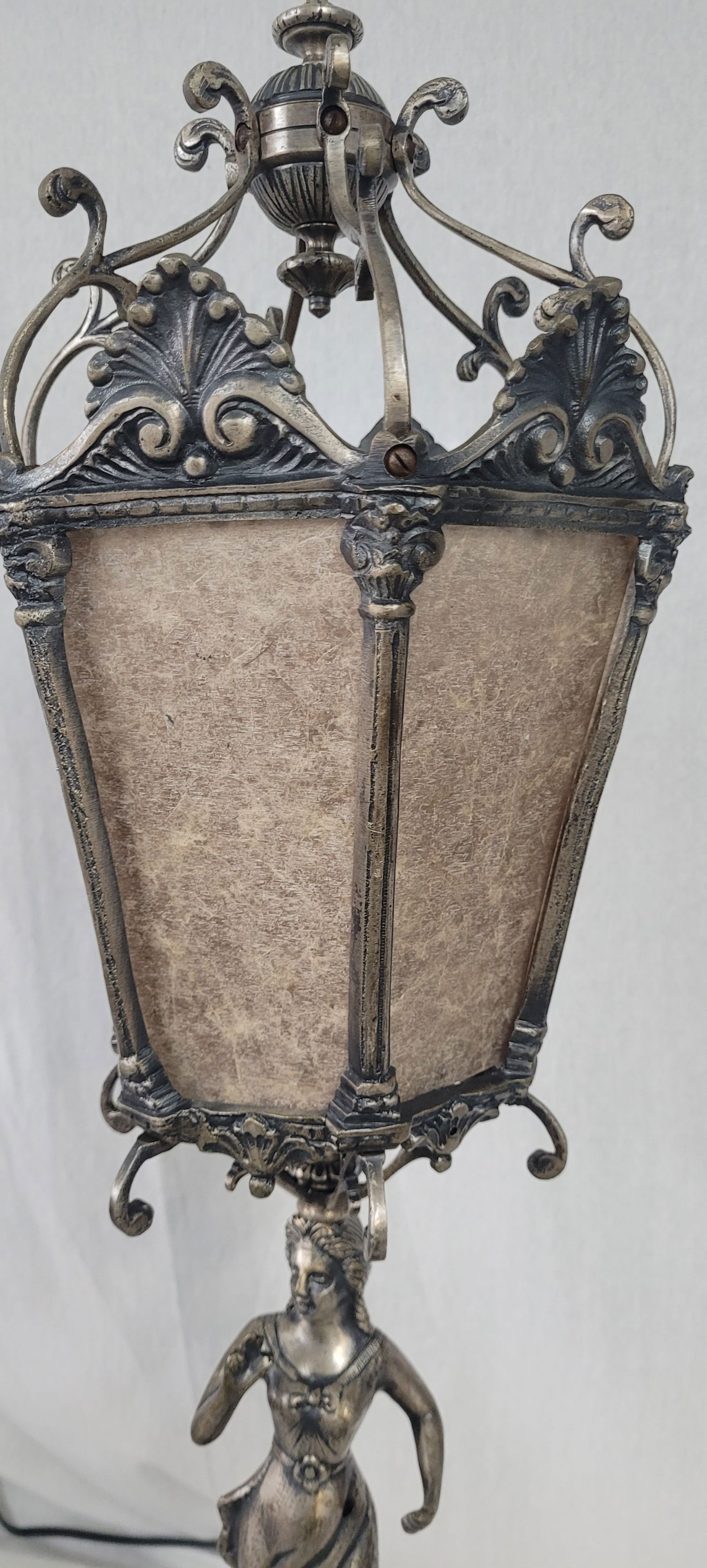 1900 Silver Plated Spanish Brass Statue Lamp With Mica Shade - 12