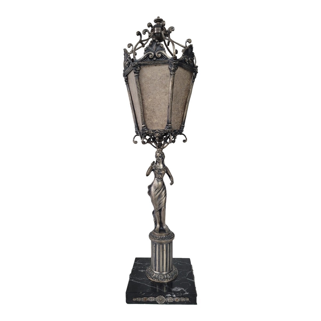 1900 Silver Plated Spanish Brass Statue Lamp With Mica Shade: This early 1900s statue lamp is stunning and unique! Made with Spanish brass with a silver coating, this figurine is sitting atop a black marble base with silver plated brass adornments original to