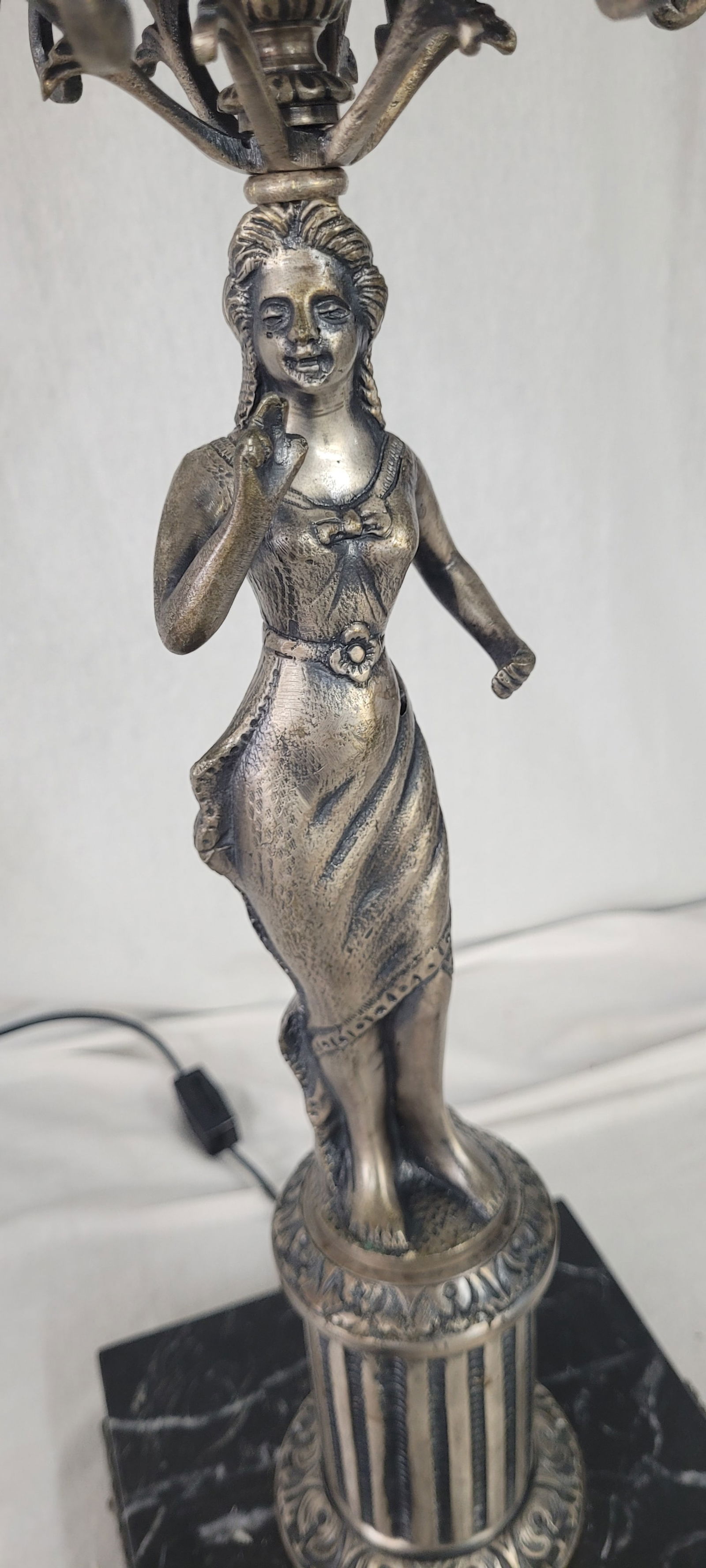 1900 Silver Plated Spanish Brass Statue Lamp With Mica Shade - 2