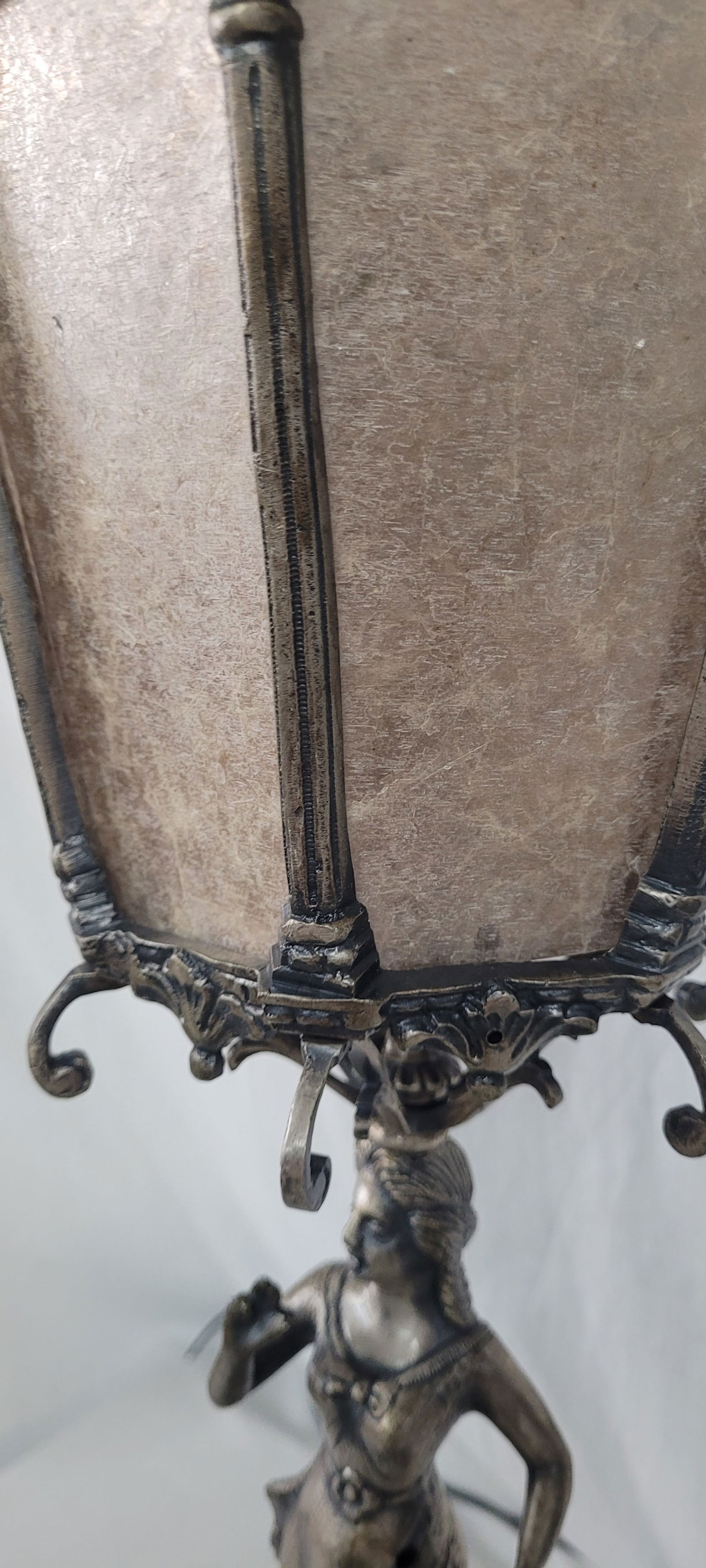 1900 Silver Plated Spanish Brass Statue Lamp With Mica Shade - 5