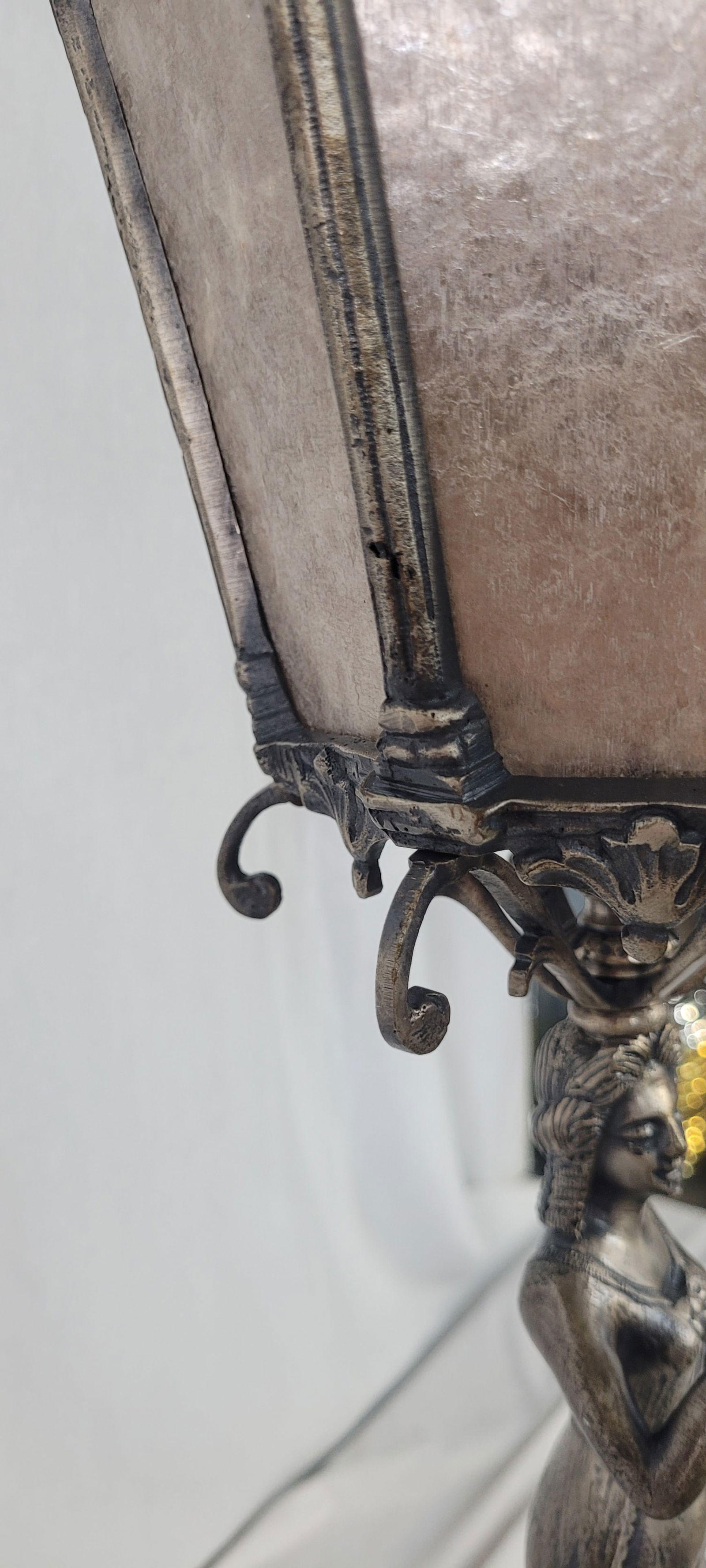 1900 Silver Plated Spanish Brass Statue Lamp With Mica Shade - 6