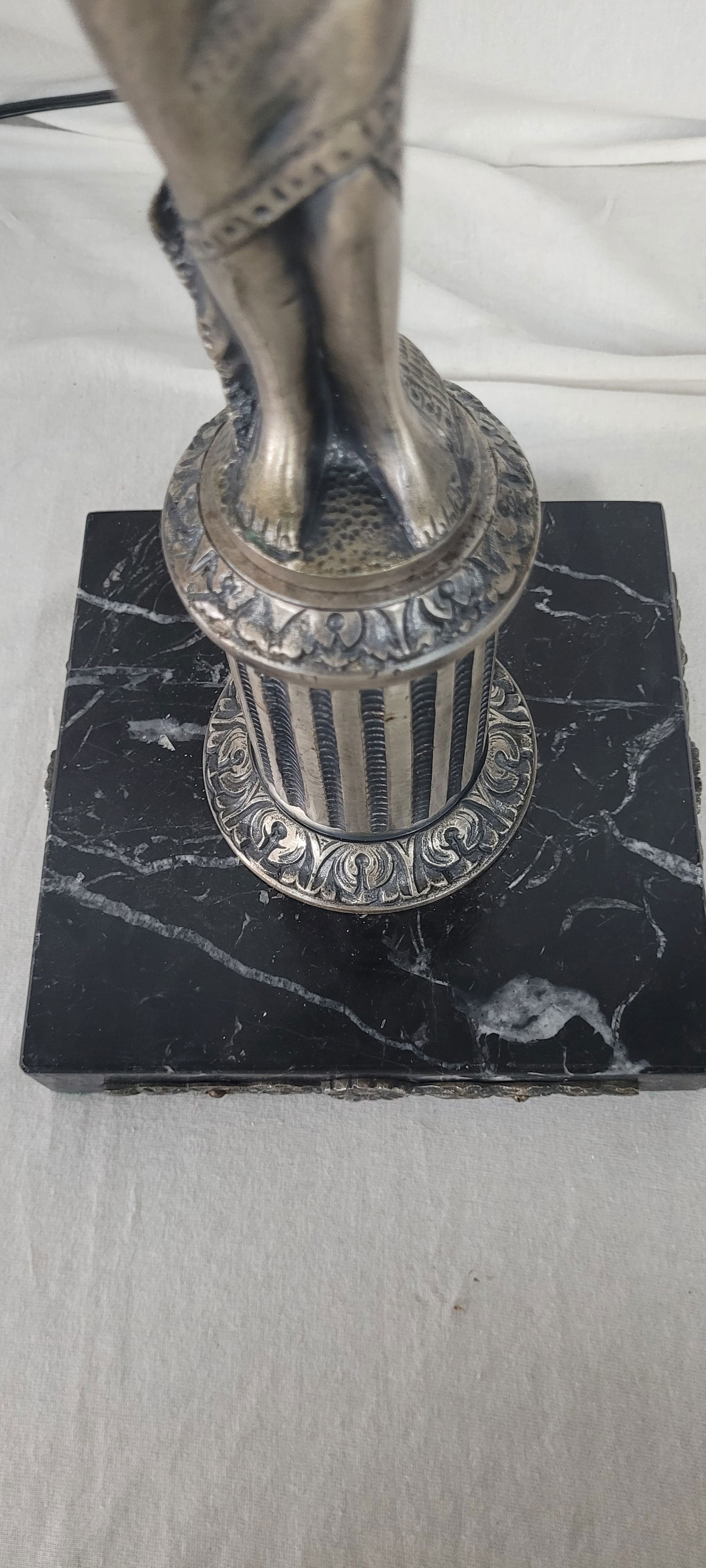 1900 Silver Plated Spanish Brass Statue Lamp With Mica Shade - 9