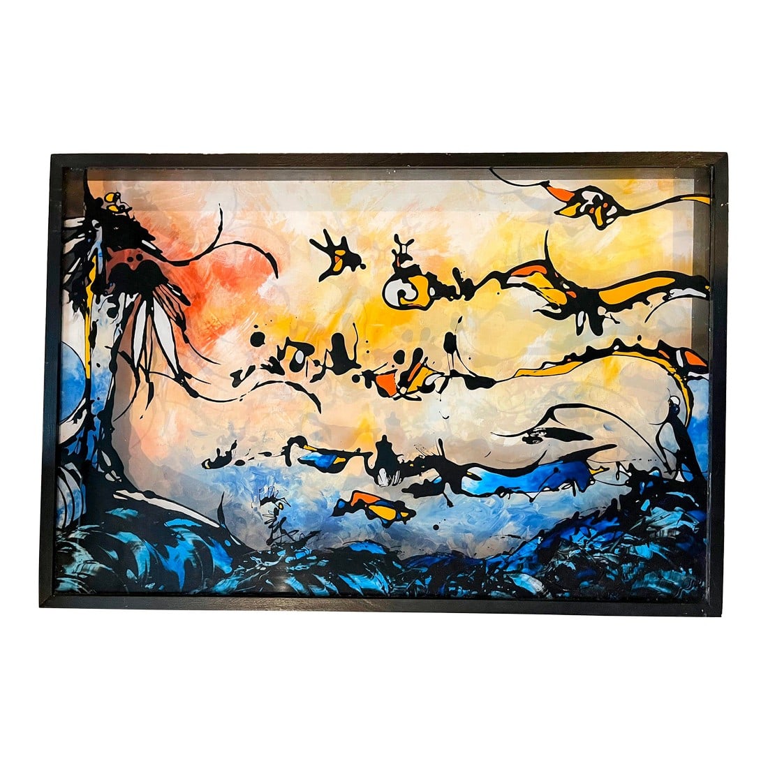 1990s An Abstract Three Dimensional Reverse Painting on Glass Inside a Very Large Shadow Box. Signed: Reverse painting on glass is an art technique where you paint on the back of a transparent surface (glass or plexiglass) in reverse order"”details first, background last"”so when viewed