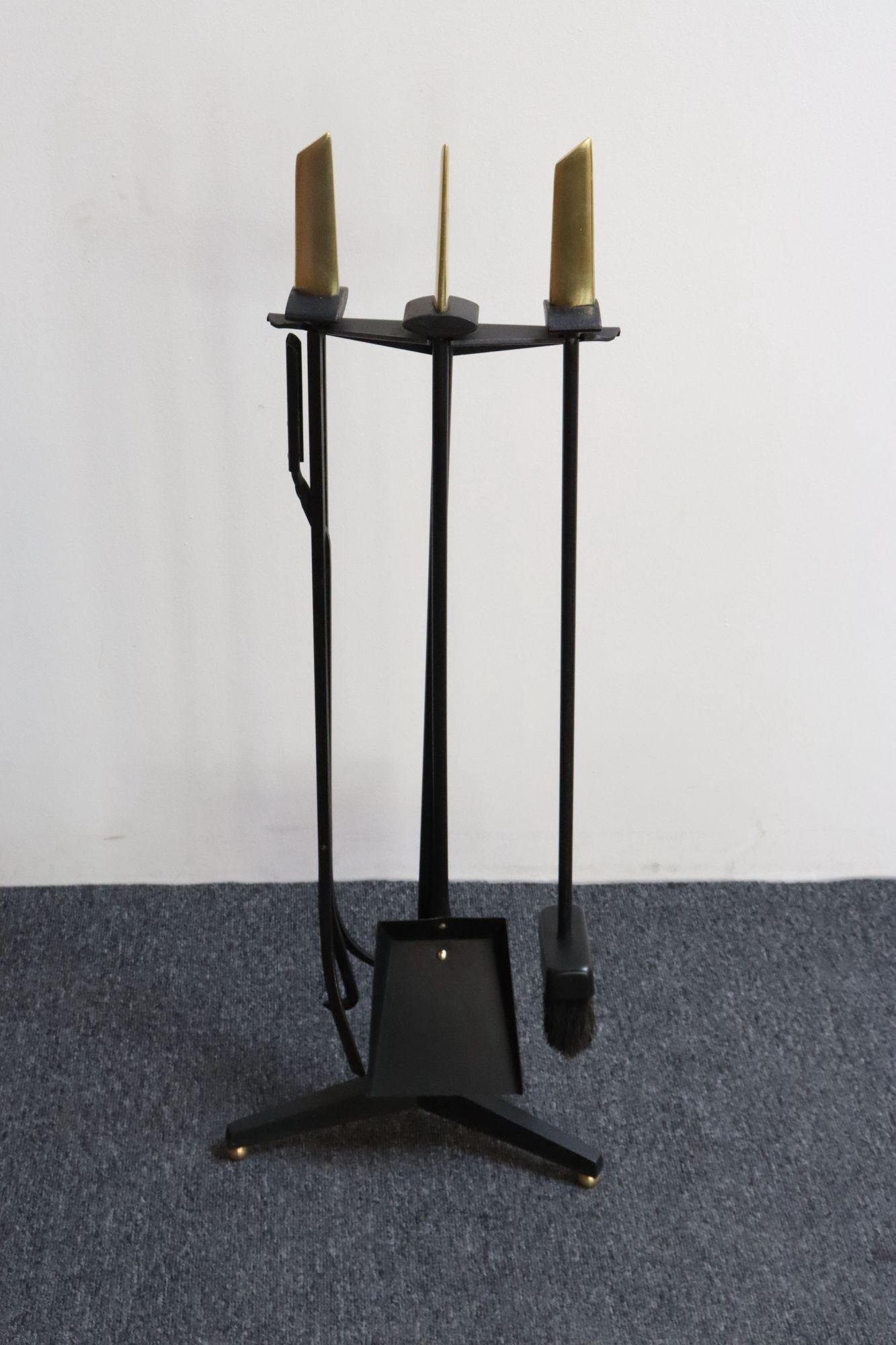 Mid-Century Modern Polished Brass and Iron Fireplace Tool Set by Donald Deskey - 2