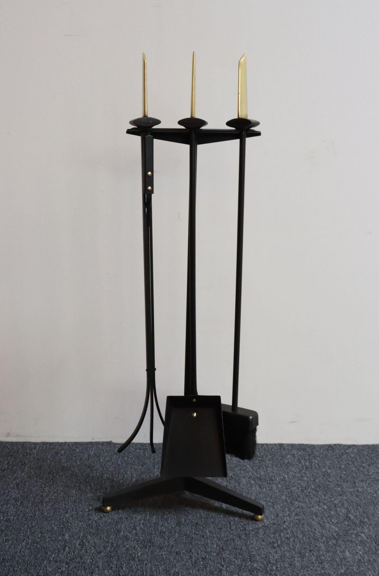 Mid-Century Modern Polished Brass and Iron Fireplace Tool Set by Donald Deskey - 3