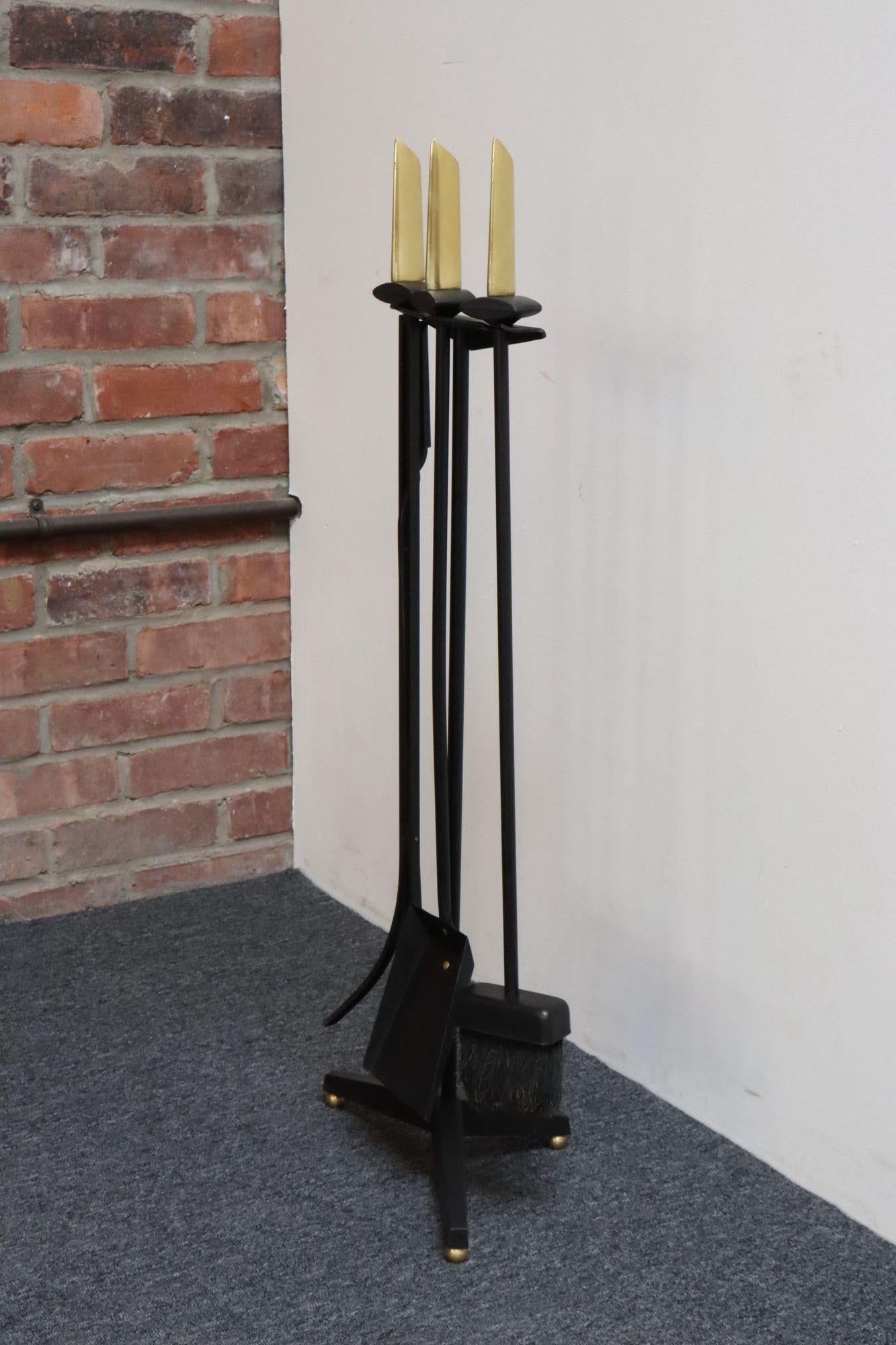 Mid-Century Modern Polished Brass and Iron Fireplace Tool Set by Donald Deskey - 4