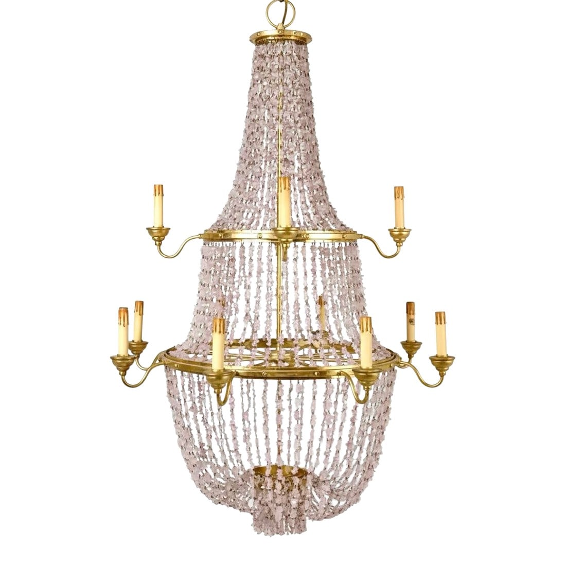 Large Currey & Company Lou Lou Pink Stone Beaded Chandelier: Elegant empire-style Currey & Company in antique brass with cascading strands of faceted pink stones that read as a soft, sophisticated blush rather than bright pink. Three-tier ring design with