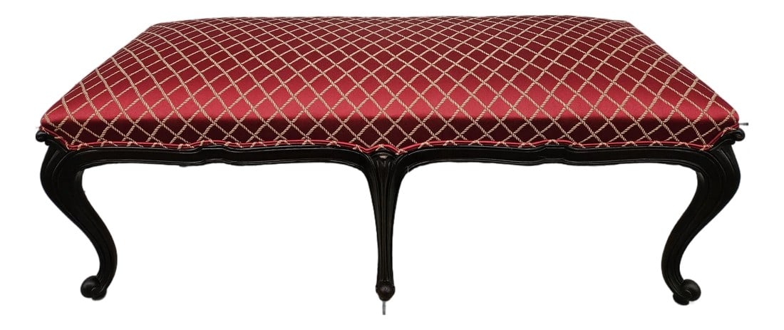 Red and Gold Upholstered Bench: This beautiful French style two-seat bench features red and gold upholstery over a set of six cabriole legs. The bench looks great from every angle. This piece is in very good vintage condition with