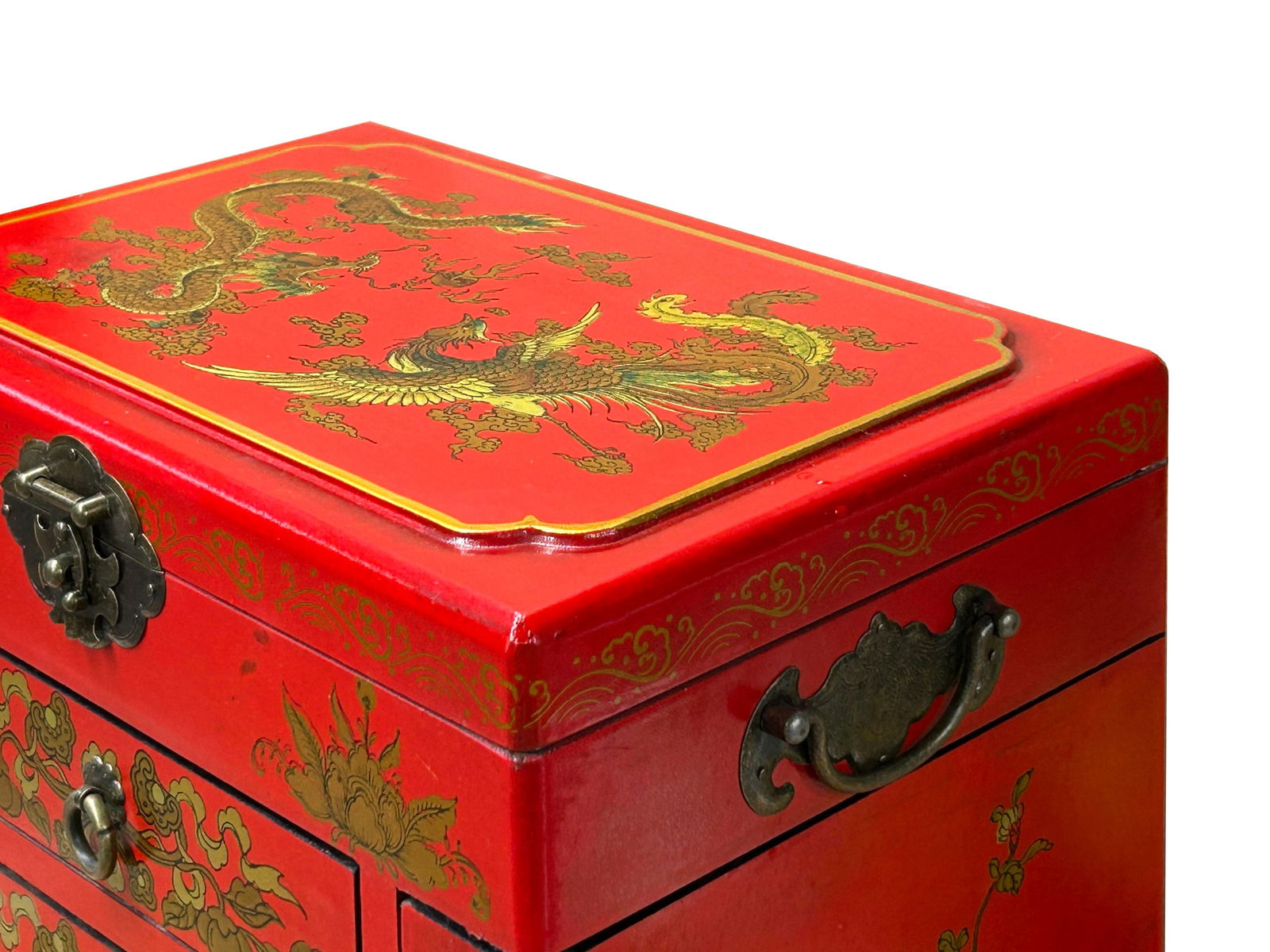 Chinese Oriental Red Dragon Phoenix Mirror Rectangular Jewelry Box - 10