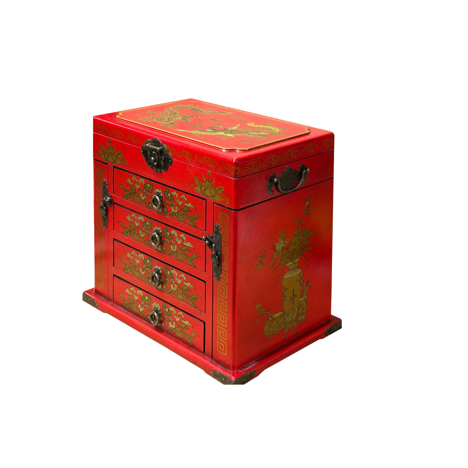 Chinese Oriental Red Dragon Phoenix Mirror Rectangular Jewelry Box - 11