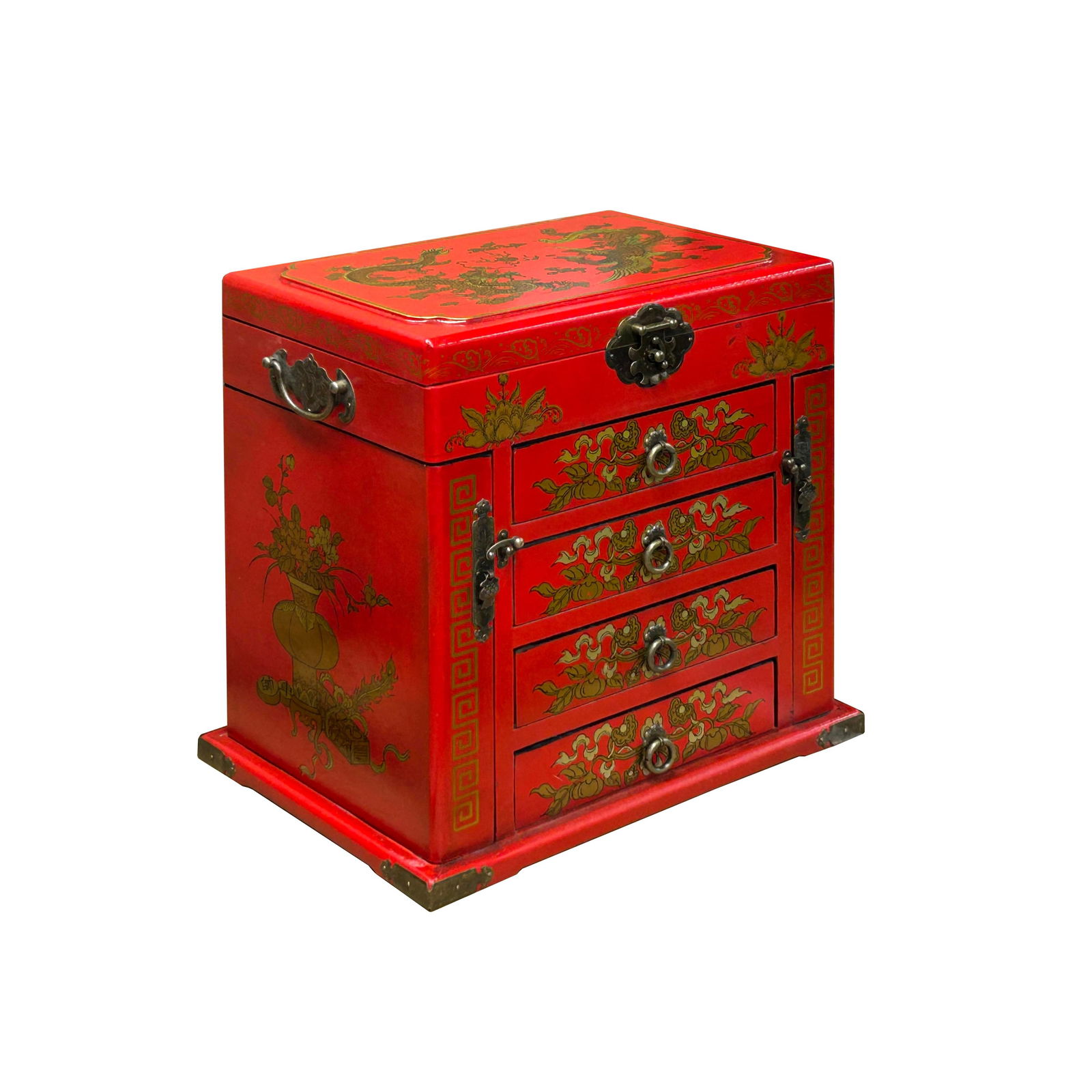 Chinese Oriental Red Dragon Phoenix Mirror Rectangular Jewelry Box - 12