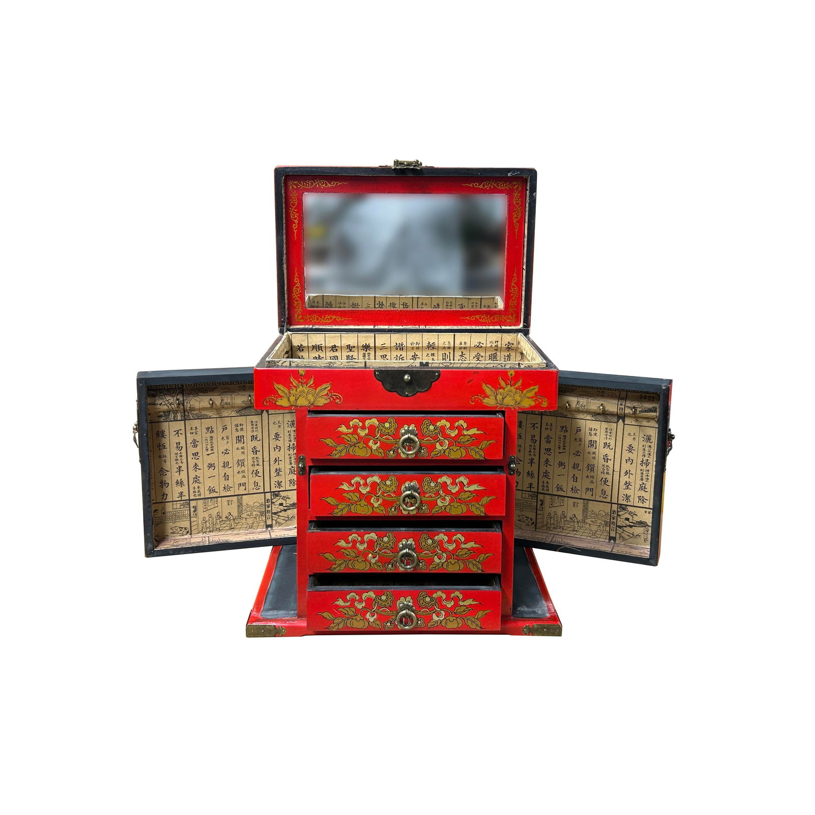 Chinese Oriental Red Dragon Phoenix Mirror Rectangular Jewelry Box - 3