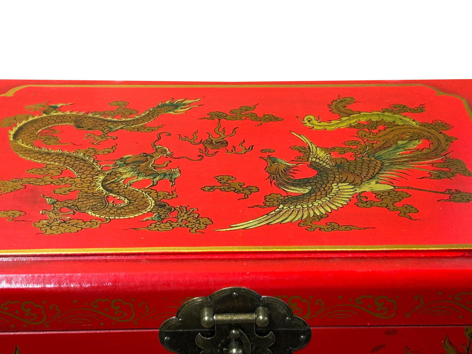 Chinese Oriental Red Dragon Phoenix Mirror Rectangular Jewelry Box - 4