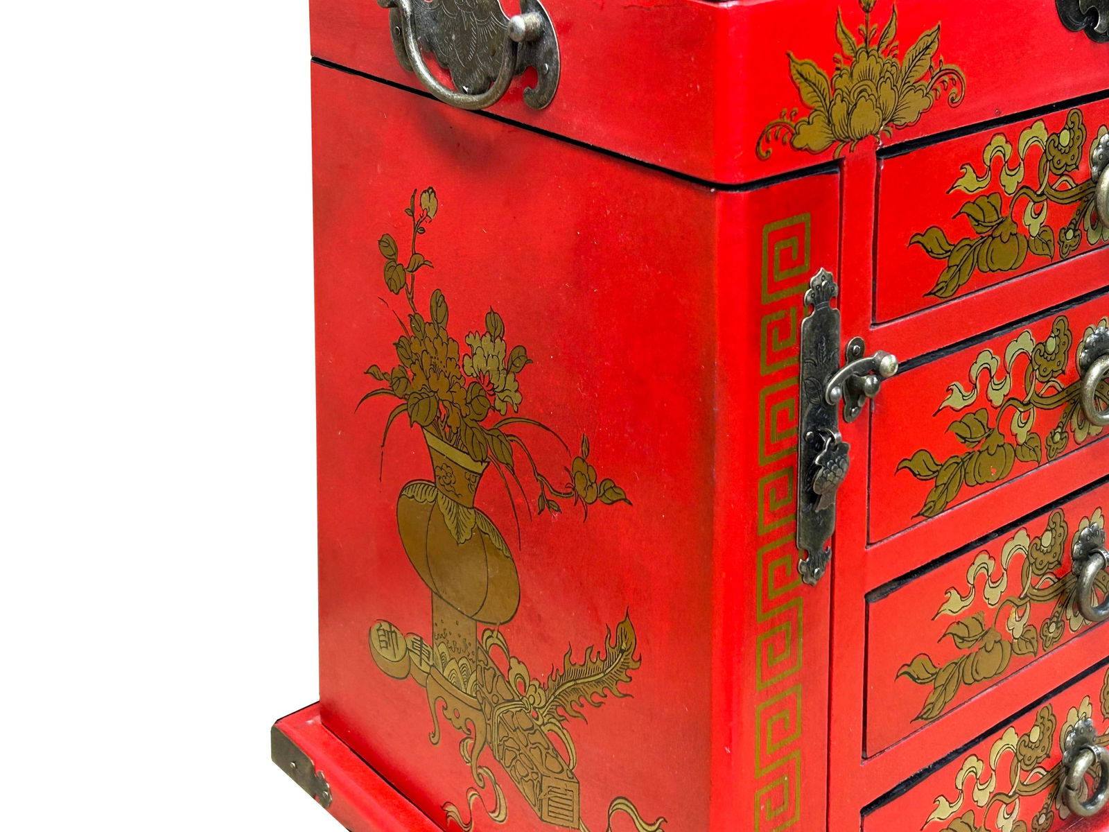 Chinese Oriental Red Dragon Phoenix Mirror Rectangular Jewelry Box - 6