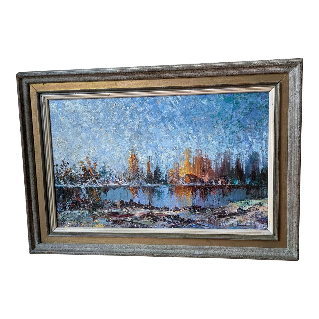 Early 1900's Cityscape, Impressionist Style Oil Painting of Reflections on Water by Artist Lebedeff/: This painting presents a classic variation on the theme of reflections on water in nature, with the light on the trees and buildings casting a lively glow that accentuates bright pops of orange and