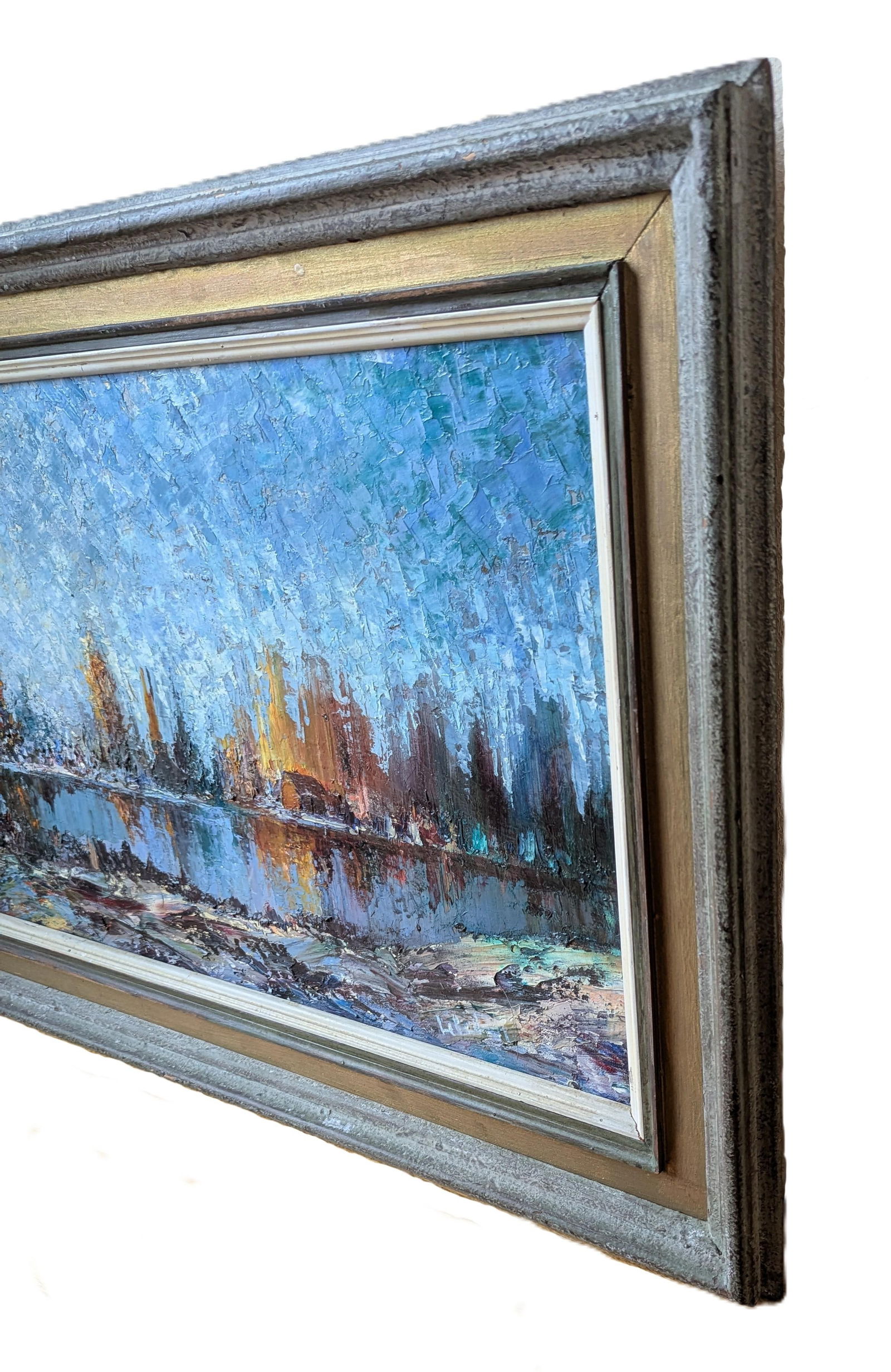 Early 1900's Cityscape, Impressionist Style Oil Painting of Reflections on Water by Artist Lebedeff/ - 3