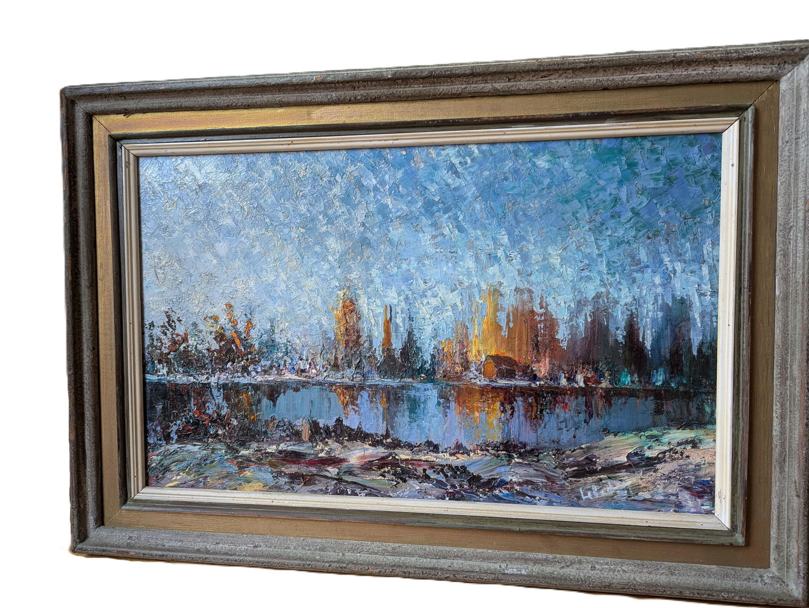 Early 1900's Cityscape, Impressionist Style Oil Painting of Reflections on Water by Artist Lebedeff/ - 4