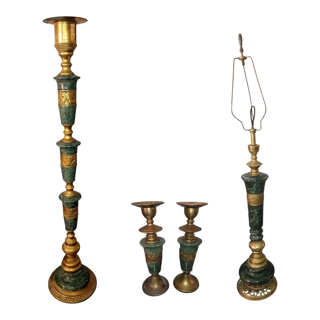 Exquisite Mid-Century Modern James Mont Style Marble & Bronze Set: Exquisite Mid-Century Modern James Mont Style Marble & Bronze Set Discover a truly exceptional offering: a rare, artisan-crafted set of vintage lighting and decor pieces, attributed to the iconic