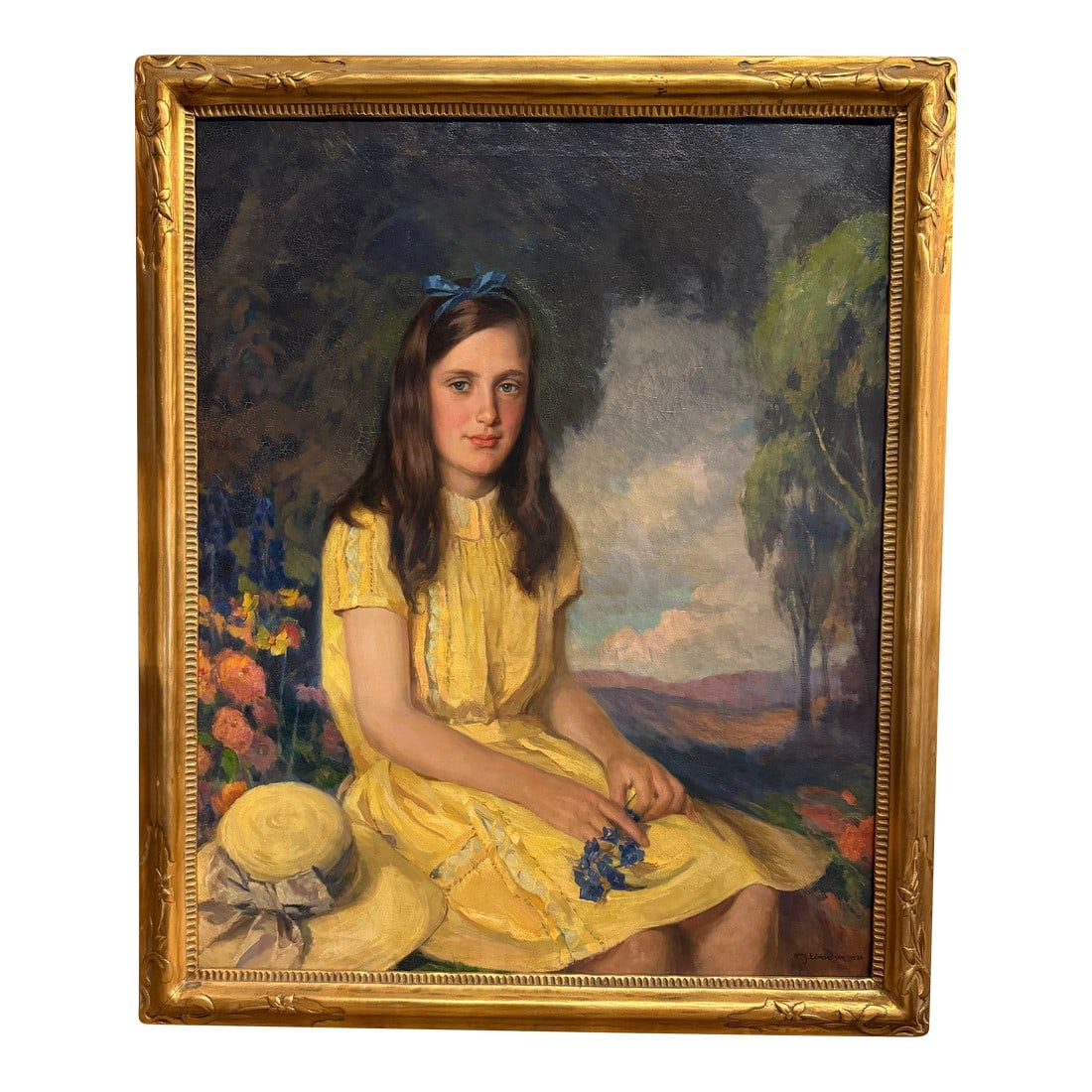 Girl in Yellow Dress Portrait by WMJ Edmondson 1930: Large Portrait. Out of Ohio. Original carved gilded frame. The canvas is in good condition with no rips or loss. Very nice original carved old frame. The painting is of is of Mary Saalfeild at age