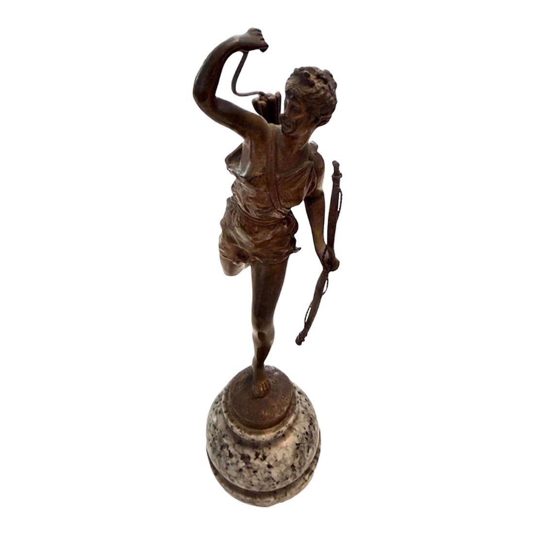 Antique Diana the Huntress Miniature Bronze Sculpture After Rancoult: Antique c. 1900 "Diana the Huntress," Roman goddess of the hunt, the moon and nature, and revered protector of forest wildlife. This is a petite bronze sculpture on gray black granite pedestal with a
