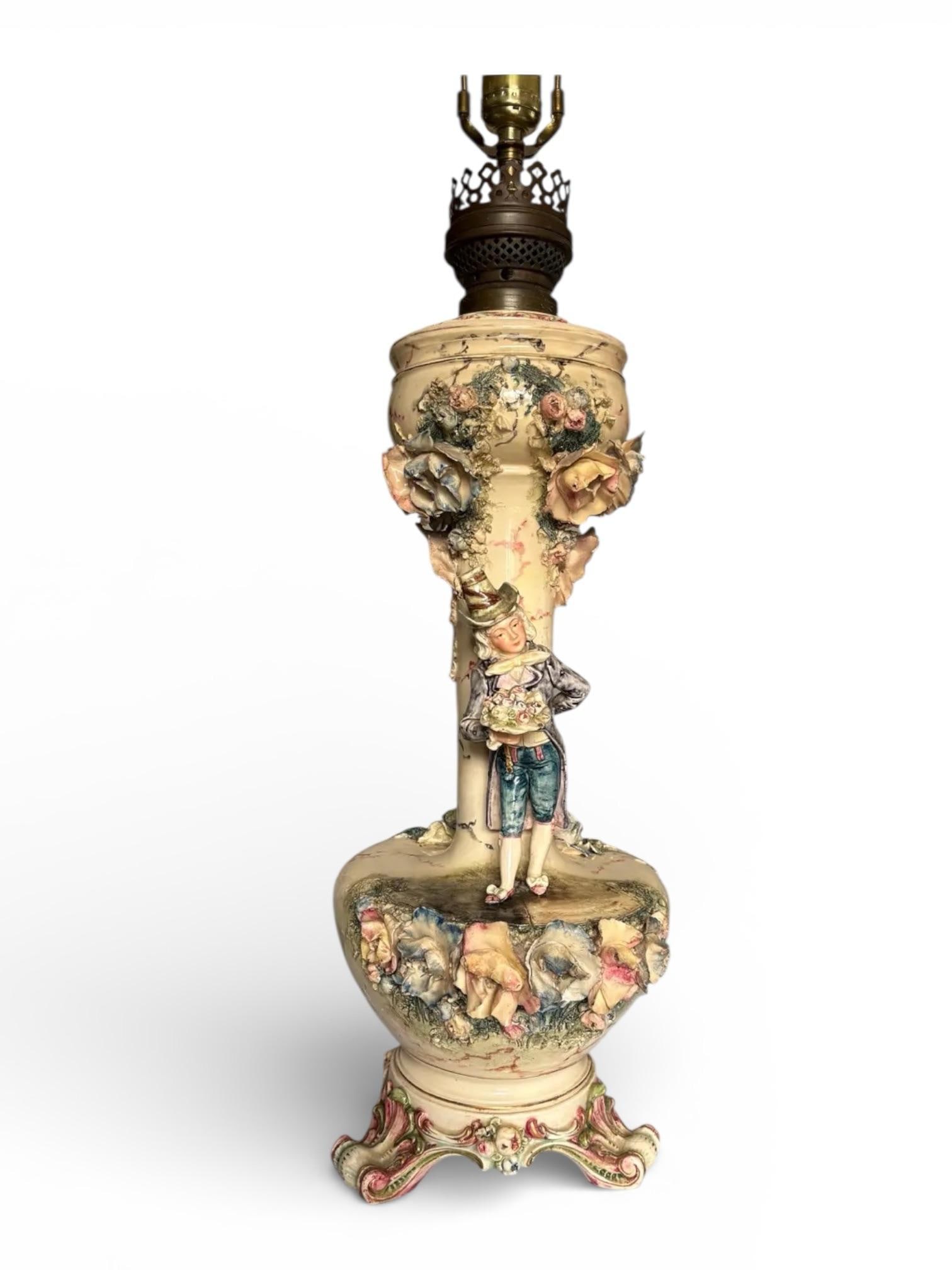 Late 19th Century Dresden Style Converted Kerosene Lamp. One Working Lamp. - 2