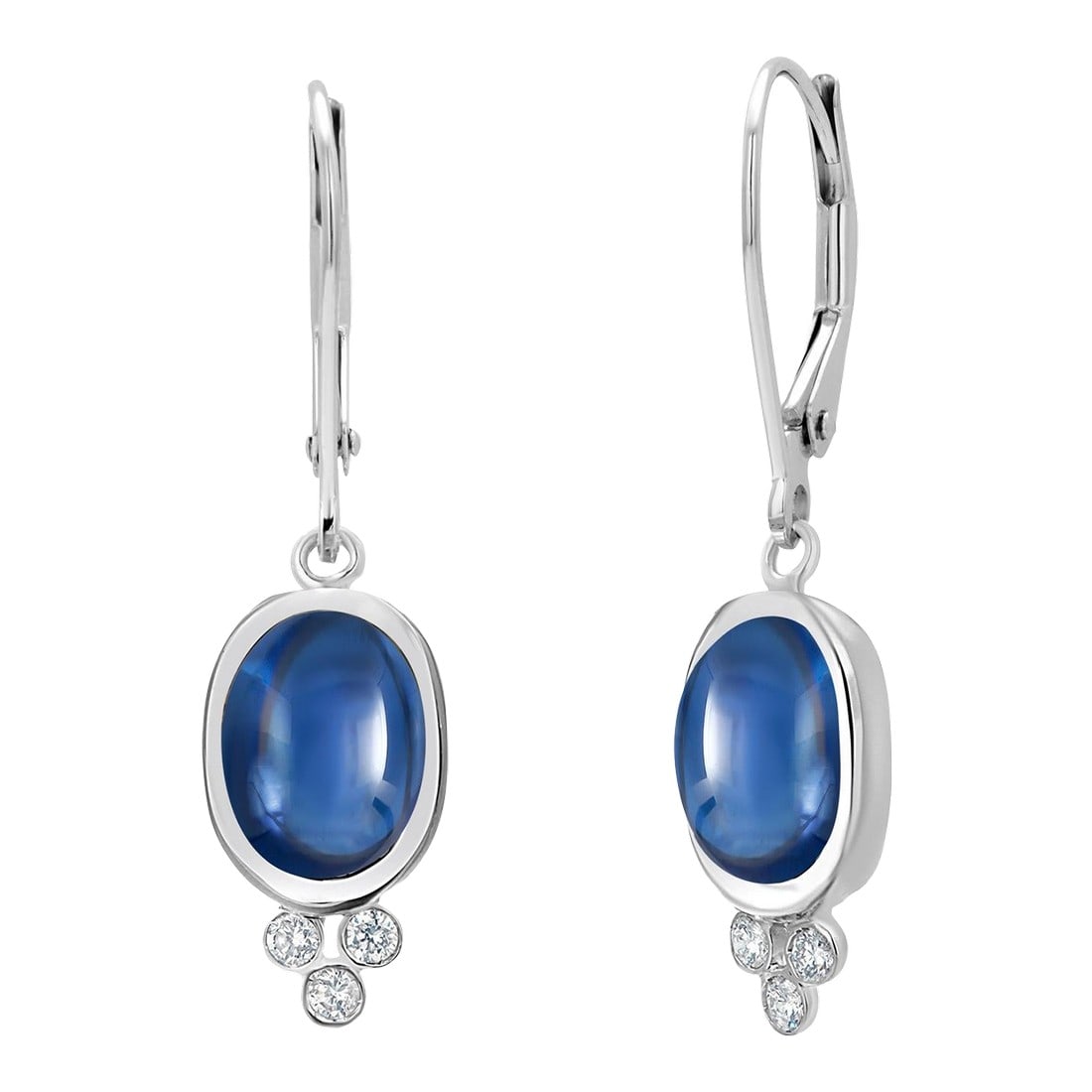 14k Gold Lever Back Earrings With 4.15 Carat Cabochon Sapphire and Diamond, A Pair: Indulge in the rich allure of natural gemstones with these 14K White Gold Cabochon Sapphire and Diamond Lever Back Earrings, a true testament to timeless luxury and refined elegance. Each earring