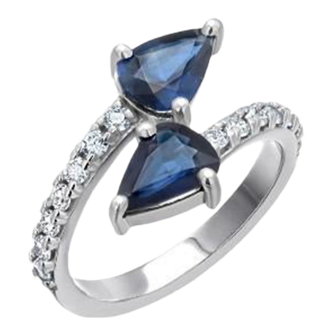 14k White Gold Matched 2 Pear-Shaped Sapphire and Diamond Cross Ring, Size 6.25: This exquisite 14K white gold cross ring features two matched pear-shaped natural sapphires with a combined weight of 1.90 carats, beautifully accented by 0.50 carats of fine diamonds. Sized at 6.25,