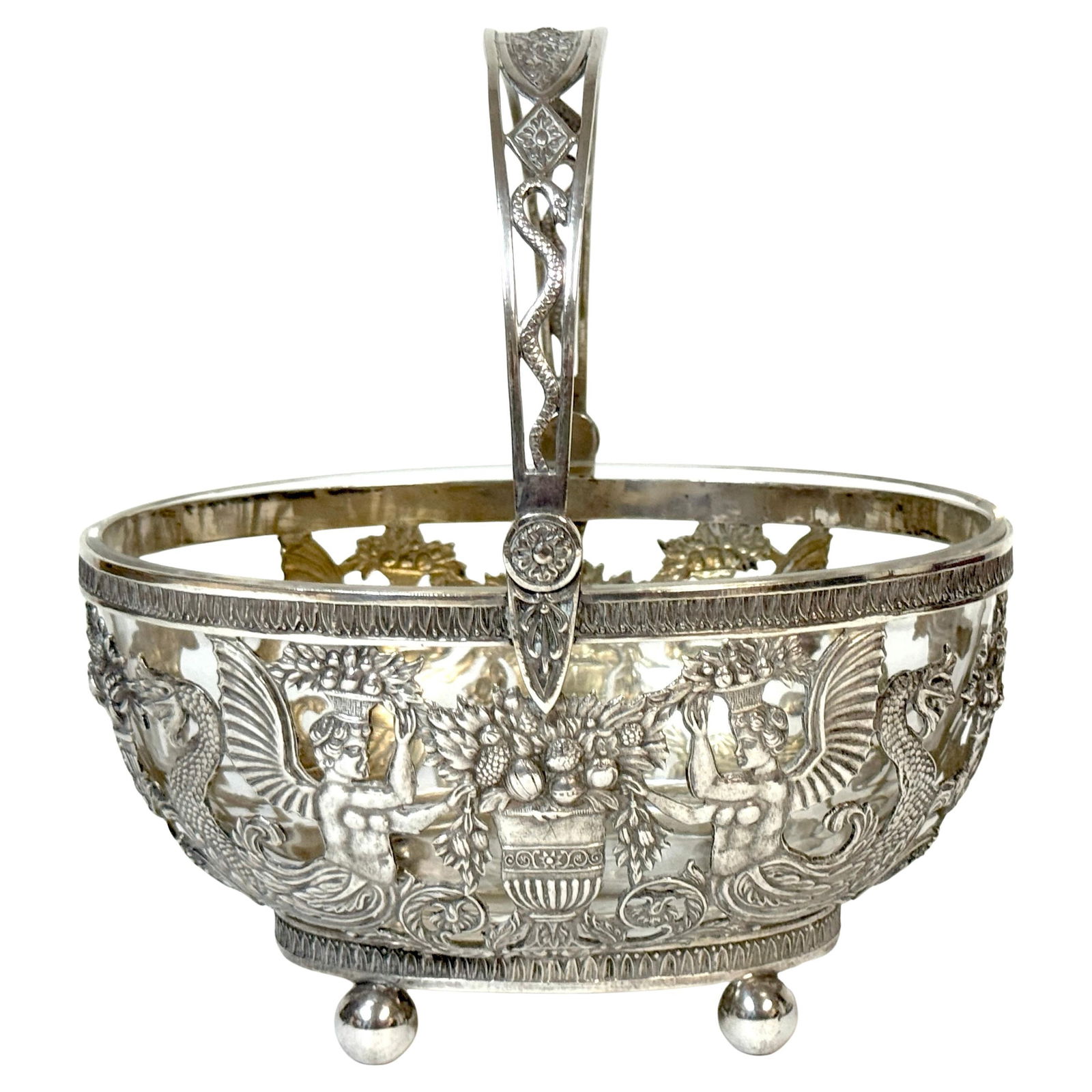 Empire Style Silver & Crystal Swing-Handle Basket /Sphinx Decoration, C. 1820 - 10