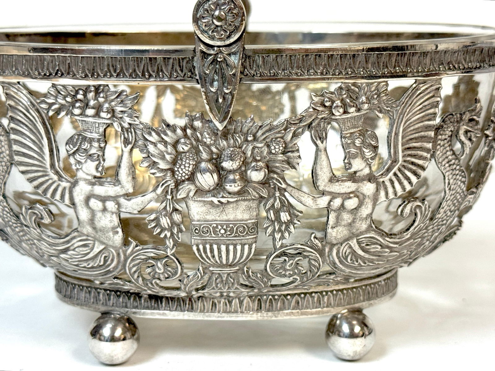 Empire Style Silver & Crystal Swing-Handle Basket /Sphinx Decoration, C. 1820 - 14