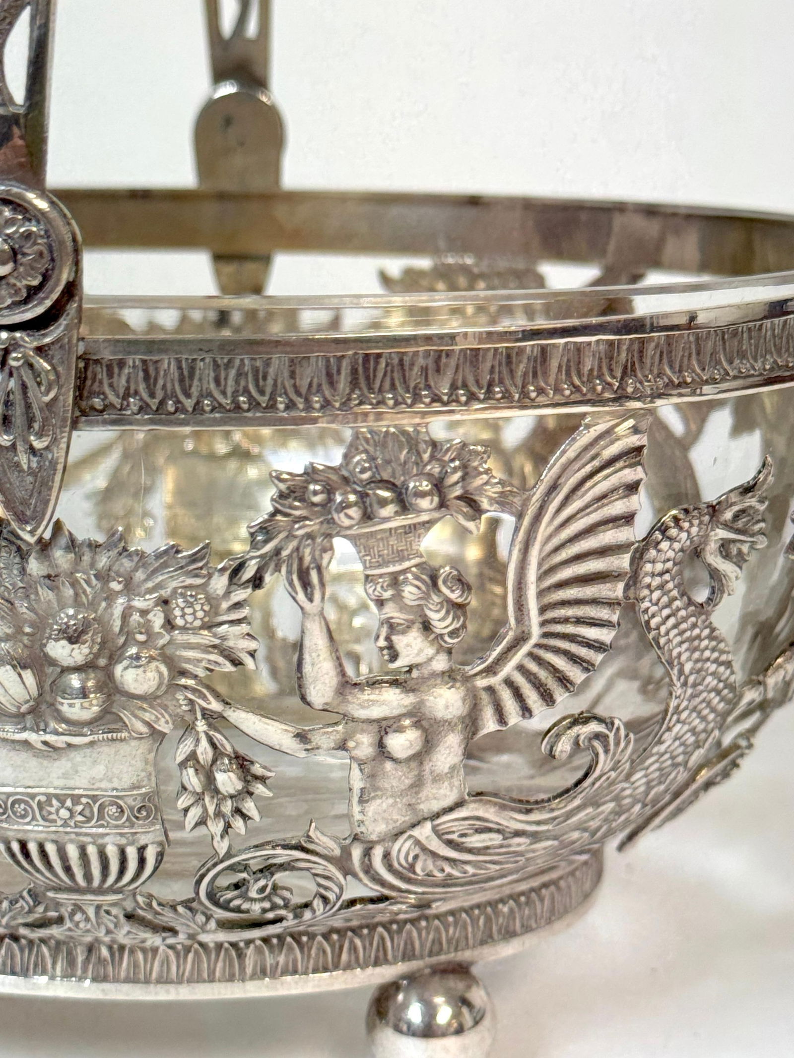 Empire Style Silver & Crystal Swing-Handle Basket /Sphinx Decoration, C. 1820 - 18