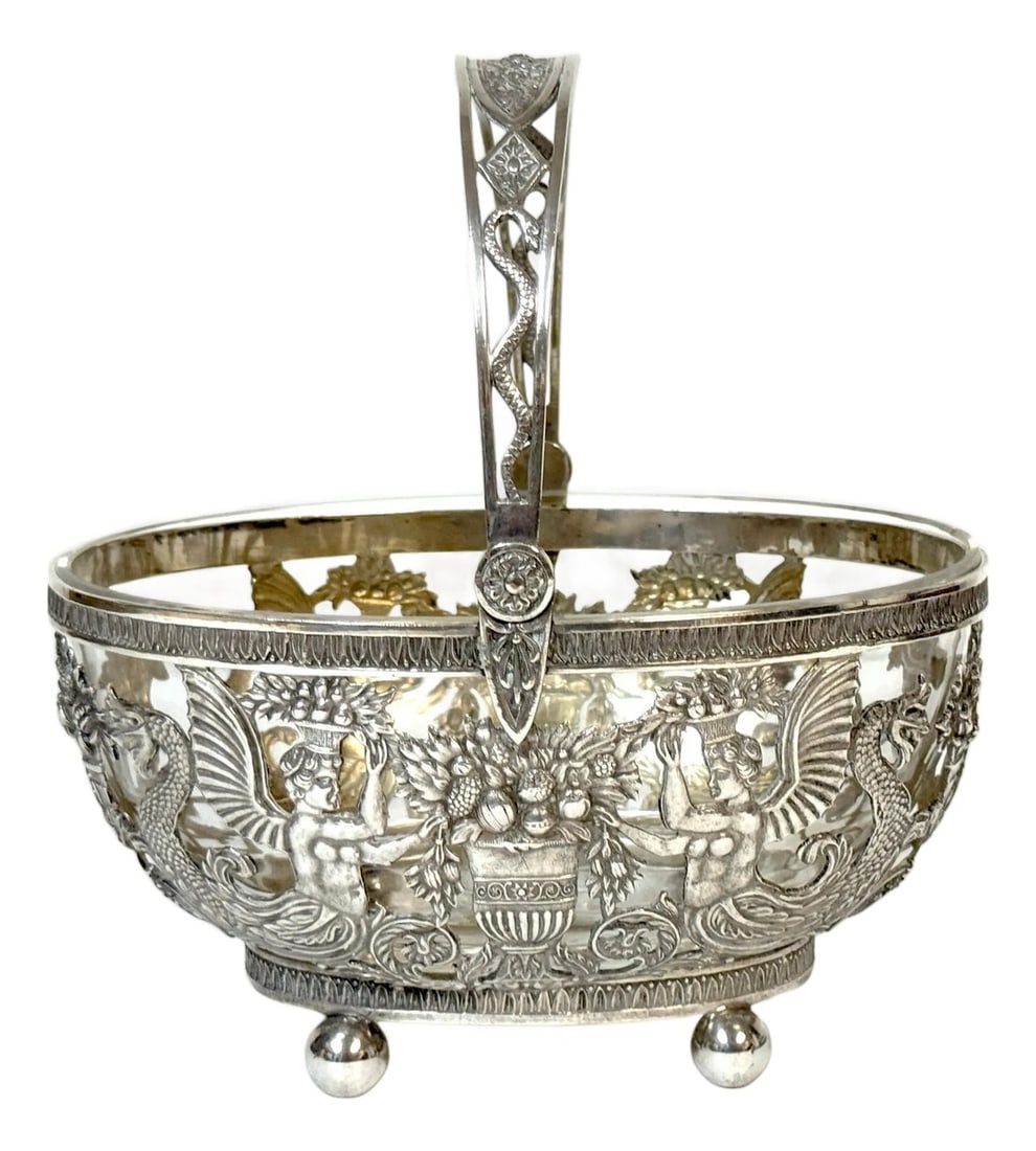 Empire Style Silver & Crystal Swing-Handle Basket /Sphinx Decoration, C. 1820 (1 of 18)