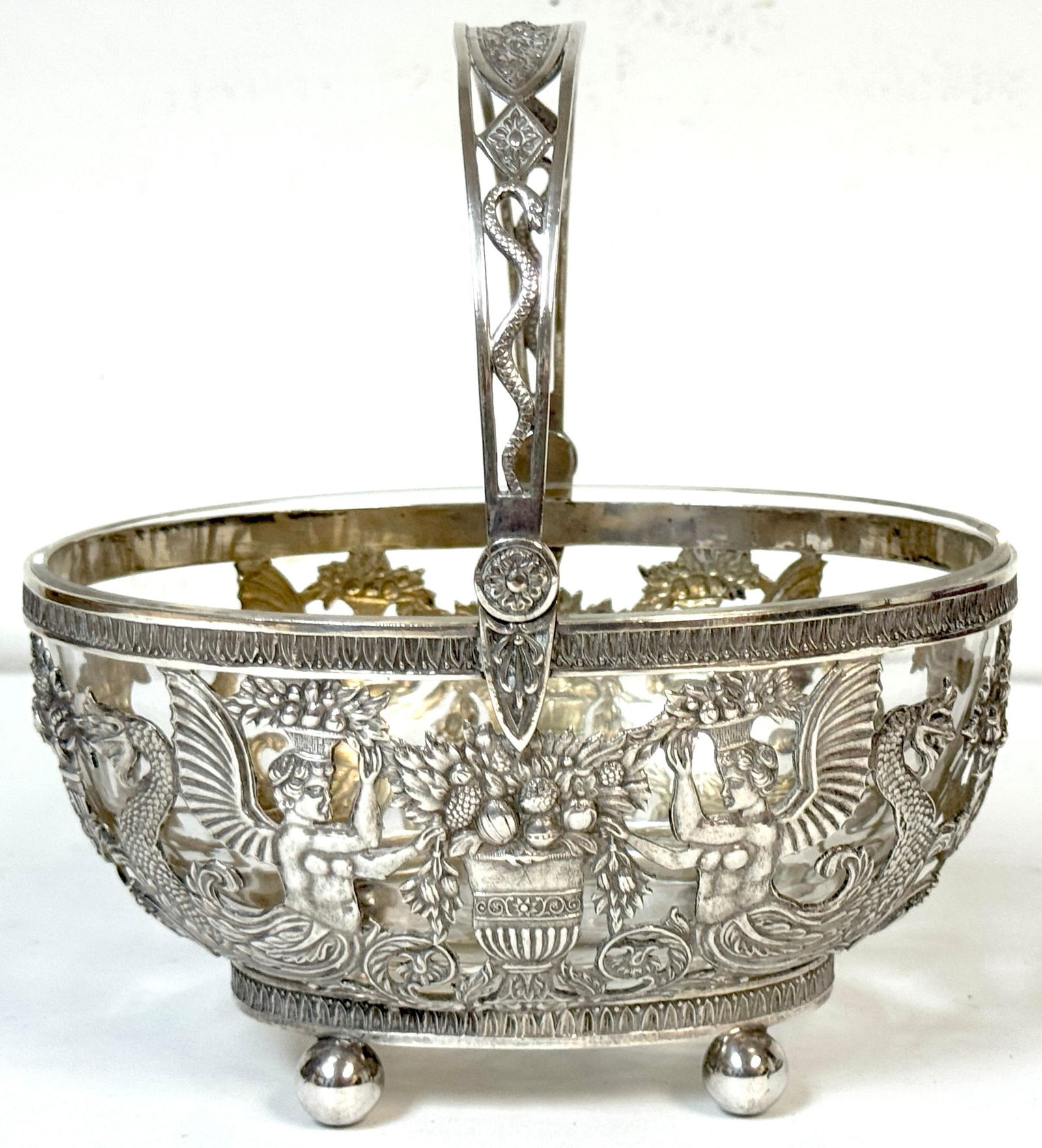 Empire Style Silver & Crystal Swing-Handle Basket /Sphinx Decoration, C. 1820 - 2
