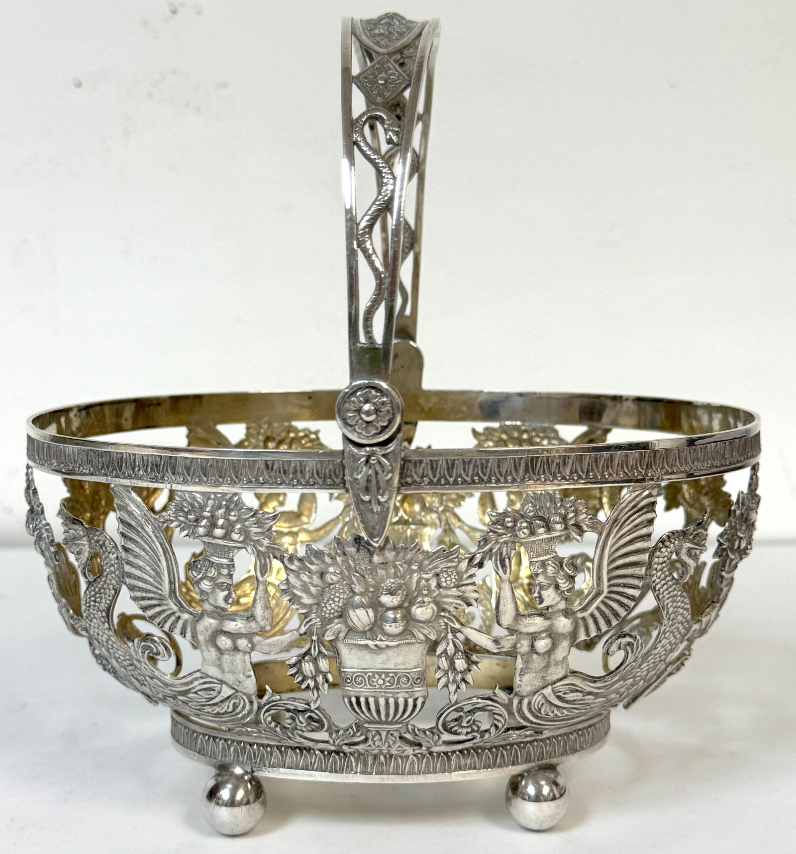 Empire Style Silver & Crystal Swing-Handle Basket /Sphinx Decoration, C. 1820 - 7