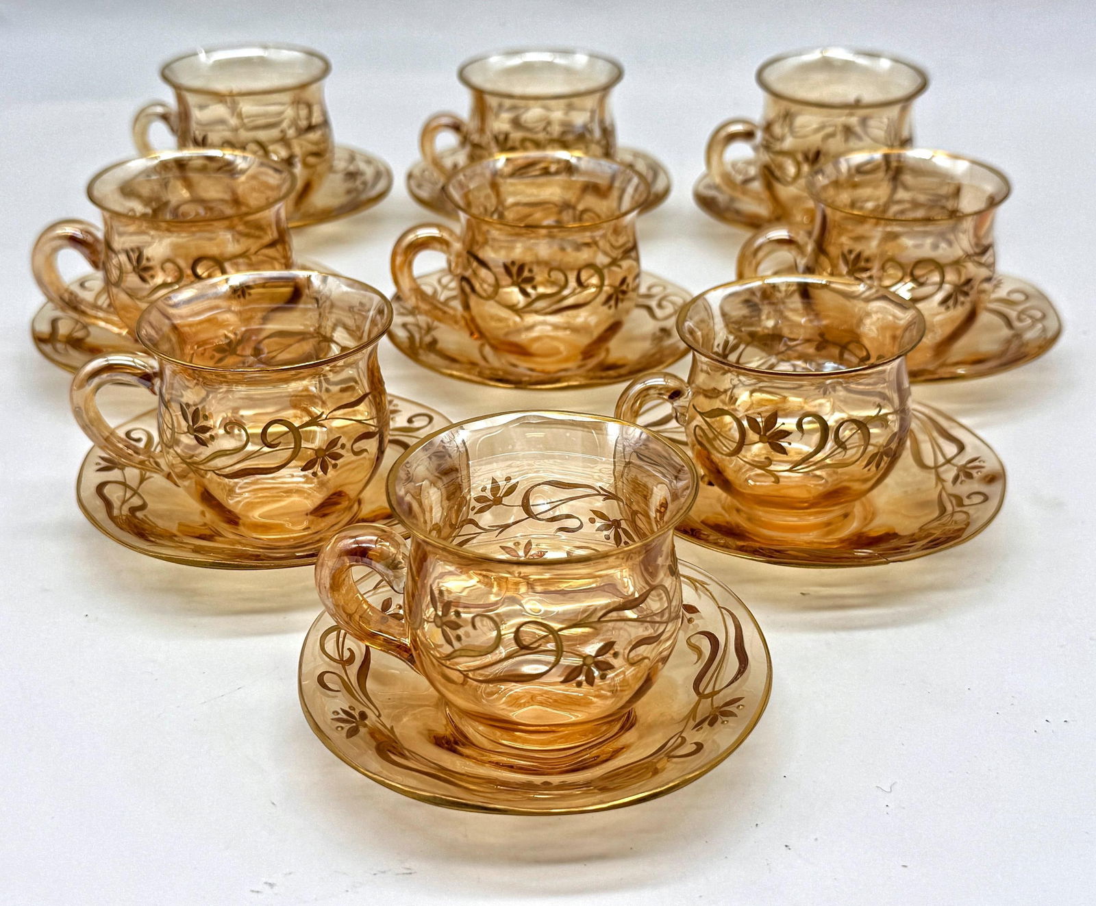 9 Art Nouveau Citrine Gilt Enamel Crystal Demitasse Cups & Saucers, Atrib. Moser - 10